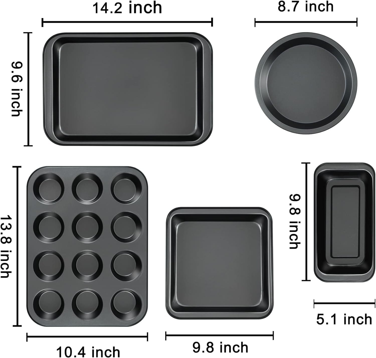 Baking Pans Nonstick Set, 5-Piece Bakeware Sets with Round/Square Cake Pan, Muffin Pan, Loaf Pan, Roast Pan, Baking Sheets for Oven, mobzio Kitchen Cookware Sets Baking Supplies