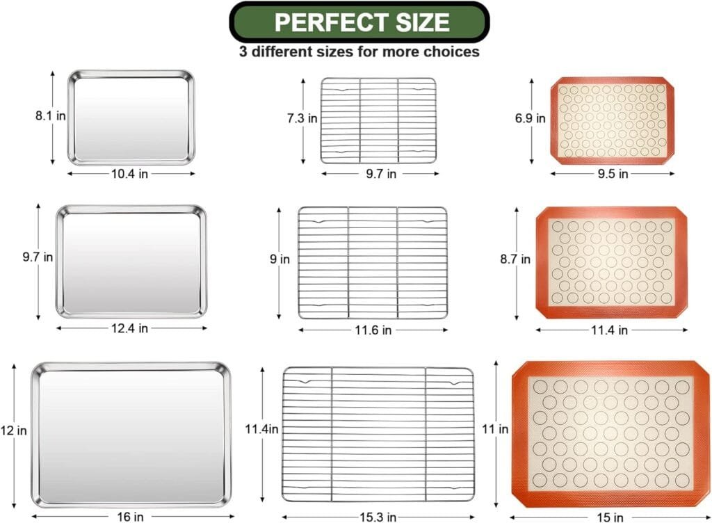 Baking Sheet Tray Cooling Rack with Silicone Mat Set, Stainless Steel Cookie Pan For Oven, Set of 9 (3 Sheets + 3 Racks Mats), Warp Resistant  Heavy Duty Easy Clean