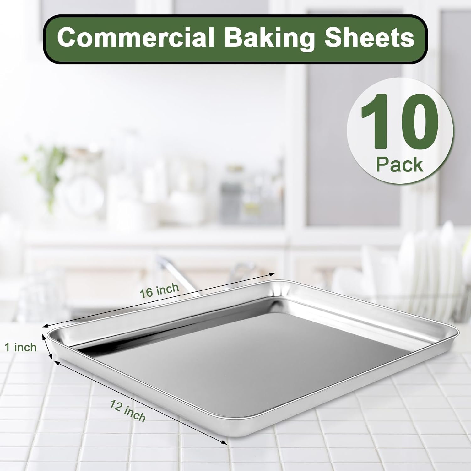 Baking Sheet Tray Set of 10, EWFEN Stainless Steel Baking Pan Cookie Pan Sheet, Size 16 x 12 x 1 inch, Warp Resistant  Heavy Duty  Rust Free