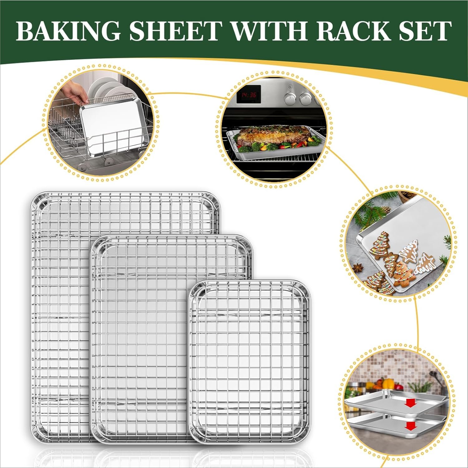 Baking Sheet with Wire Rack Set (3 Baking Pans + 3 Cooling Racks), Fire More Stainless Steel Cookie Sheets for Baking, Sheet Pan  Baking Rack Set, Nonstick  Heavy Duty  Easy Clean- 9/12/16 Inches