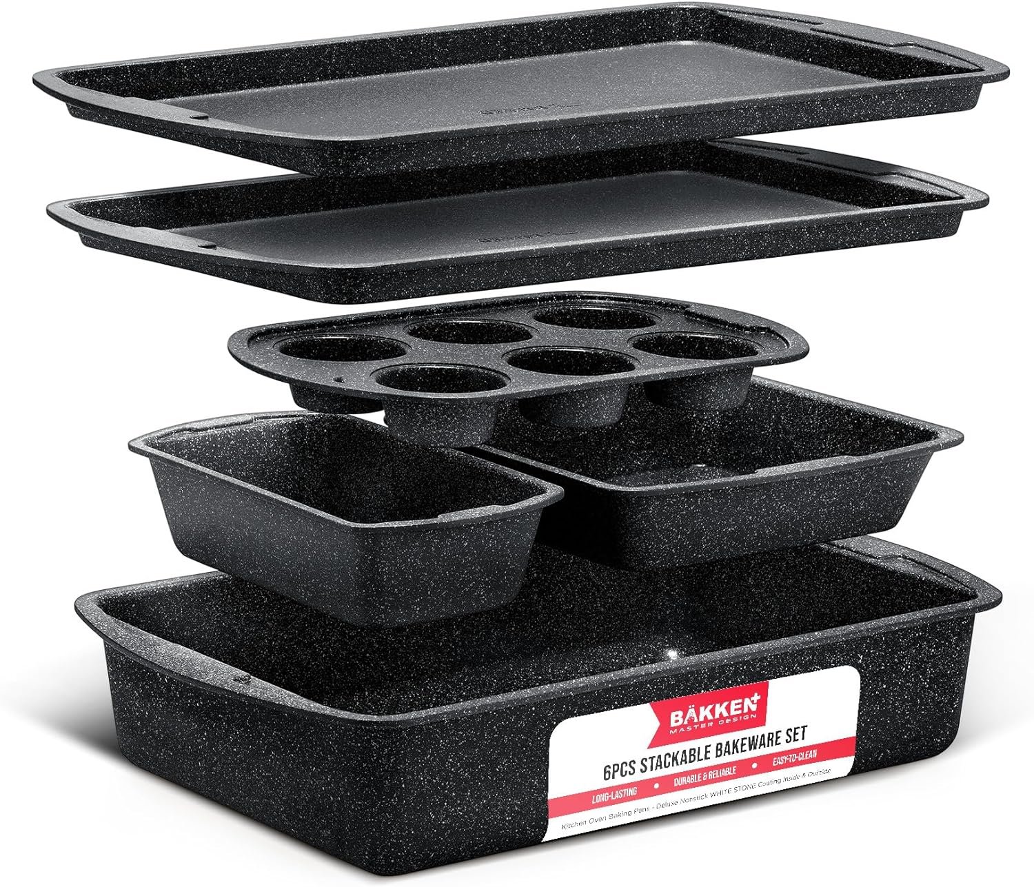 Bakken Swiss - Bakeware Set – 6 Piece – Stackable, Deluxe, Non-Stick Baking Pans for Professional and Home Cooking – Carbon Steel, White Stone Coating