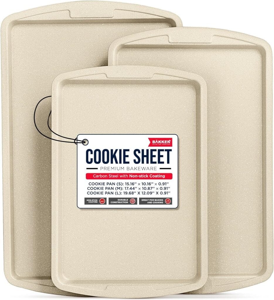 Bakken Swiss Cookie Sheet 3 Piece Set - Non-Stick, Stackable Baking Pans, White marble Deluxe Ceramic Coating – Dishwasher Safe - for Home Baking Bakken Swiss Cookie Sheet 3 Piece Set - Non-Stick, Stackable Baking Pans, White marble Deluxe Ceramic Coating – Dishwasher Safe - for Home Baking