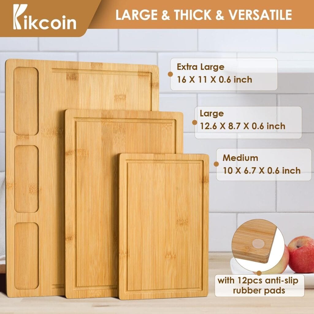 Bamboo Cutting Boards for Kitchen, (Set of 3) Kitchen Chopping Board with 3 Built-In Compartments and Juice Groove Heavy Duty Serving Tray Wood Butcher Block and Wooden Carving Board, Kikcoin Bamboo Cutting Boards for Kitchen, (Set of 3) Kitchen Chopping Board with 3 Built-In Compartments and Juice Groove Heavy Duty Serving Tray Wood Butcher Block and Wooden Carving Board, Kikcoin