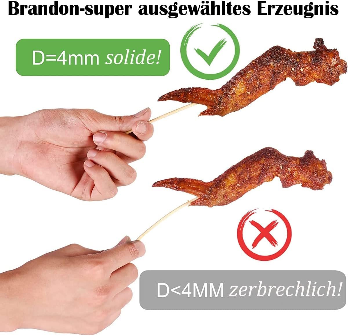 Bamboo Skewers for BBQ, Appetisers, Fruit, Cocktails, Kabobs, Chocolate Fountains, Grilling, Barbecue, Kitchen, Crafting, and Parties 100 Count, Φ=4mm More sizes: 4 /6/8 /12 (8 inches, 200)