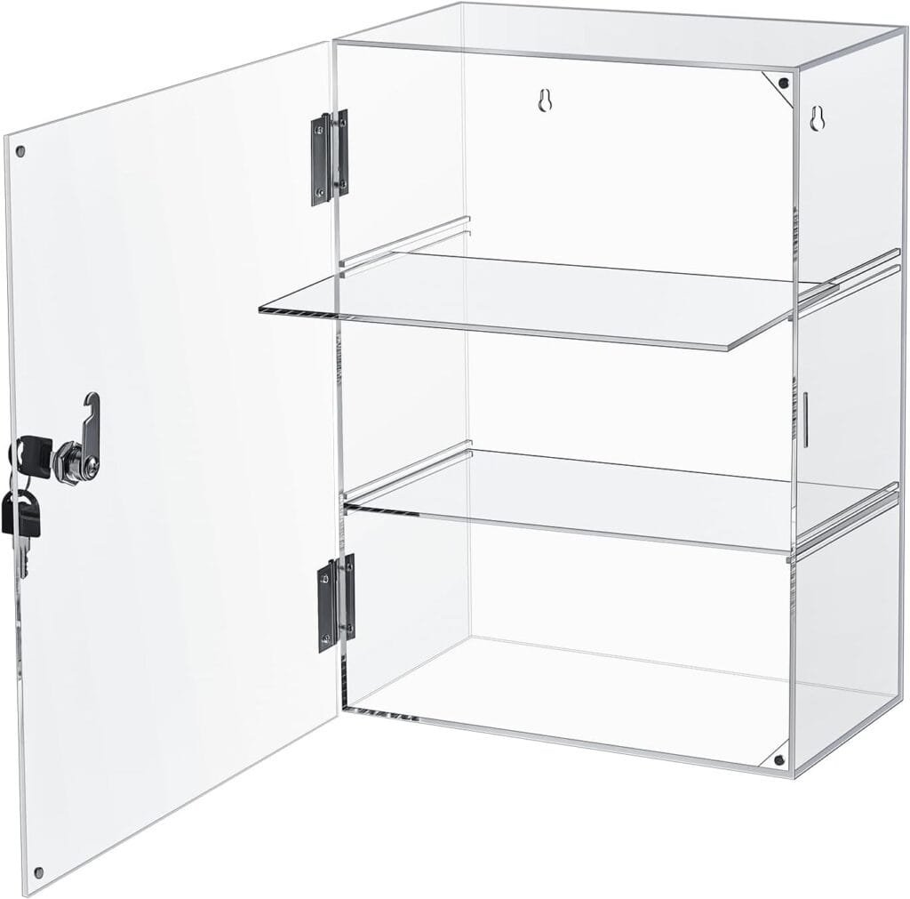Barydat Acrylic Display Case with Lock Key Countertop Display Case Clear Showcase Display Cabinet Multi Functional Safe Storage Box for Retail Store (1 Piece,Removable Shelves, 3 Tier)