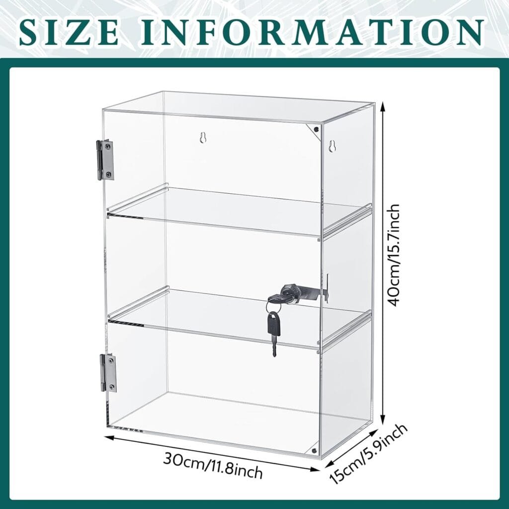 Barydat Acrylic Display Case with Lock Key Countertop Display Case Clear Showcase Display Cabinet Multi Functional Safe Storage Box for Retail Store (1 Piece,Removable Shelves, 3 Tier)