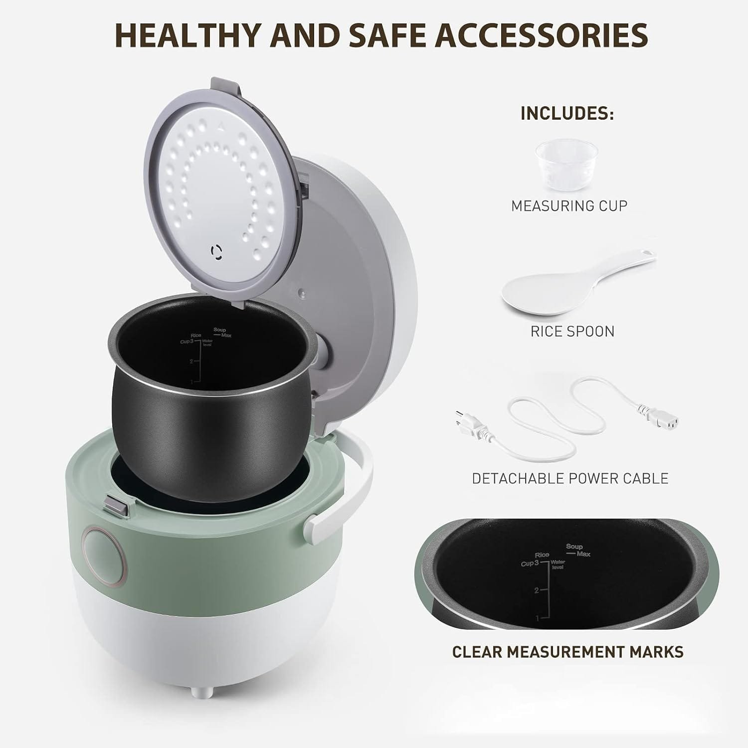 Bear Rice Cooker 3 Cups (Uncooked), 3D Heating and Fuzzy Logic, Healthy Nonstick Small Rice Cooker, PFAS-Free, Touch-Screen, for White/Brown Rice Quinoa Oatmeal Soup, 1.6L White