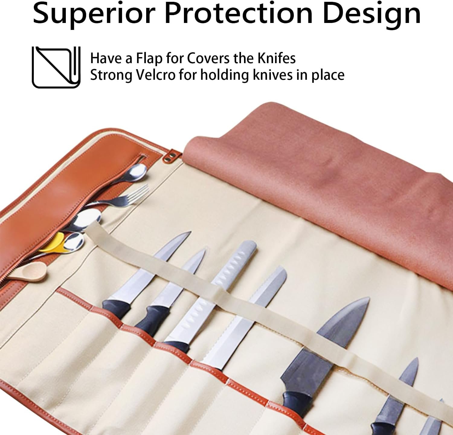 Begin Anywhere Premium Knife Roll Bag Convenient Storage and Protection for Your Chef Knives - Full Body Leather Made Ideal Knife Bag for Chefs, 10 Knife Slots and 1 Zipper Pocket