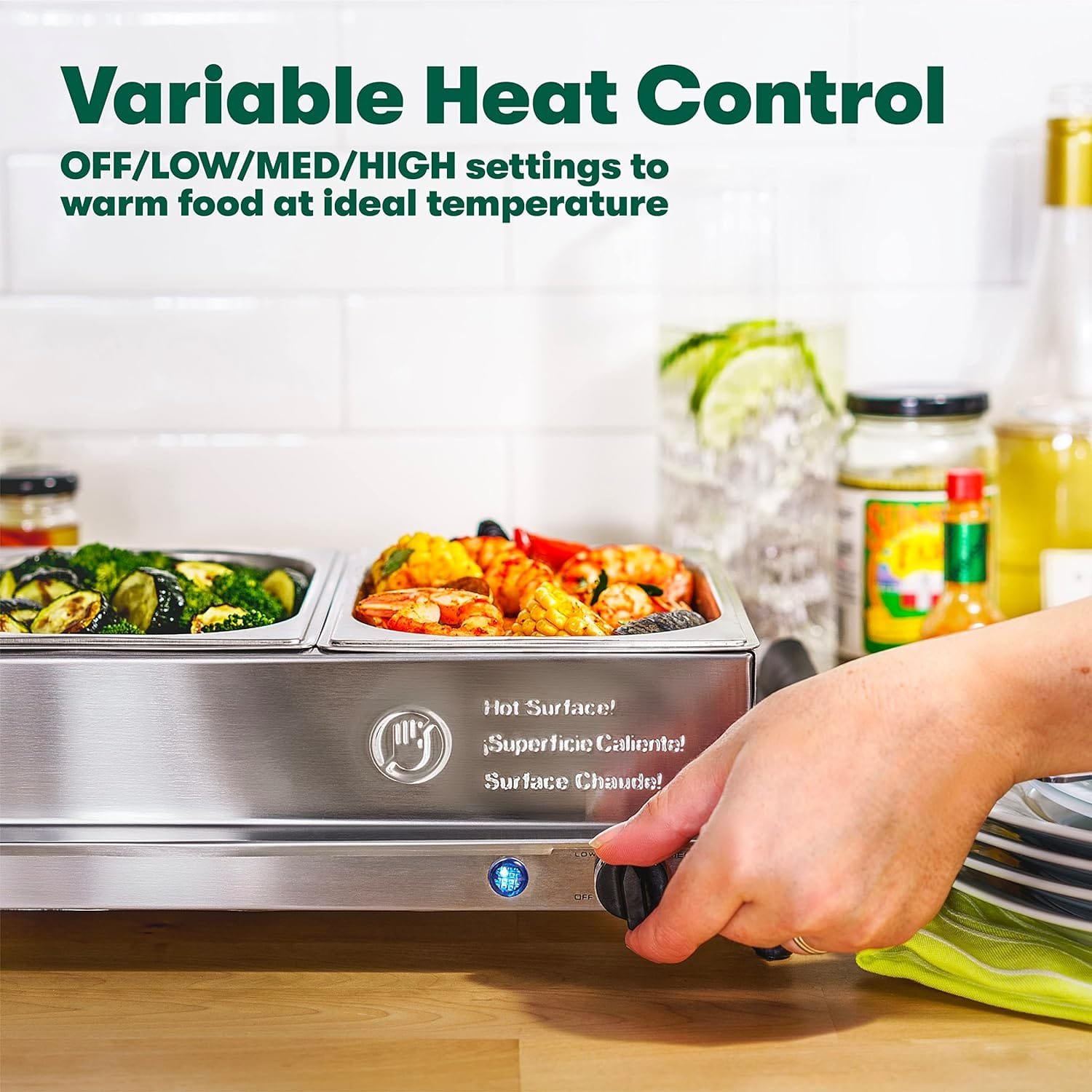 BELLA 3 x 1.5 Quart Triple Electric Buffet Server, Food Warming Tray  Slow Cooker - Brushed Stainless Steel Heated Serving Station for Parties  Catering