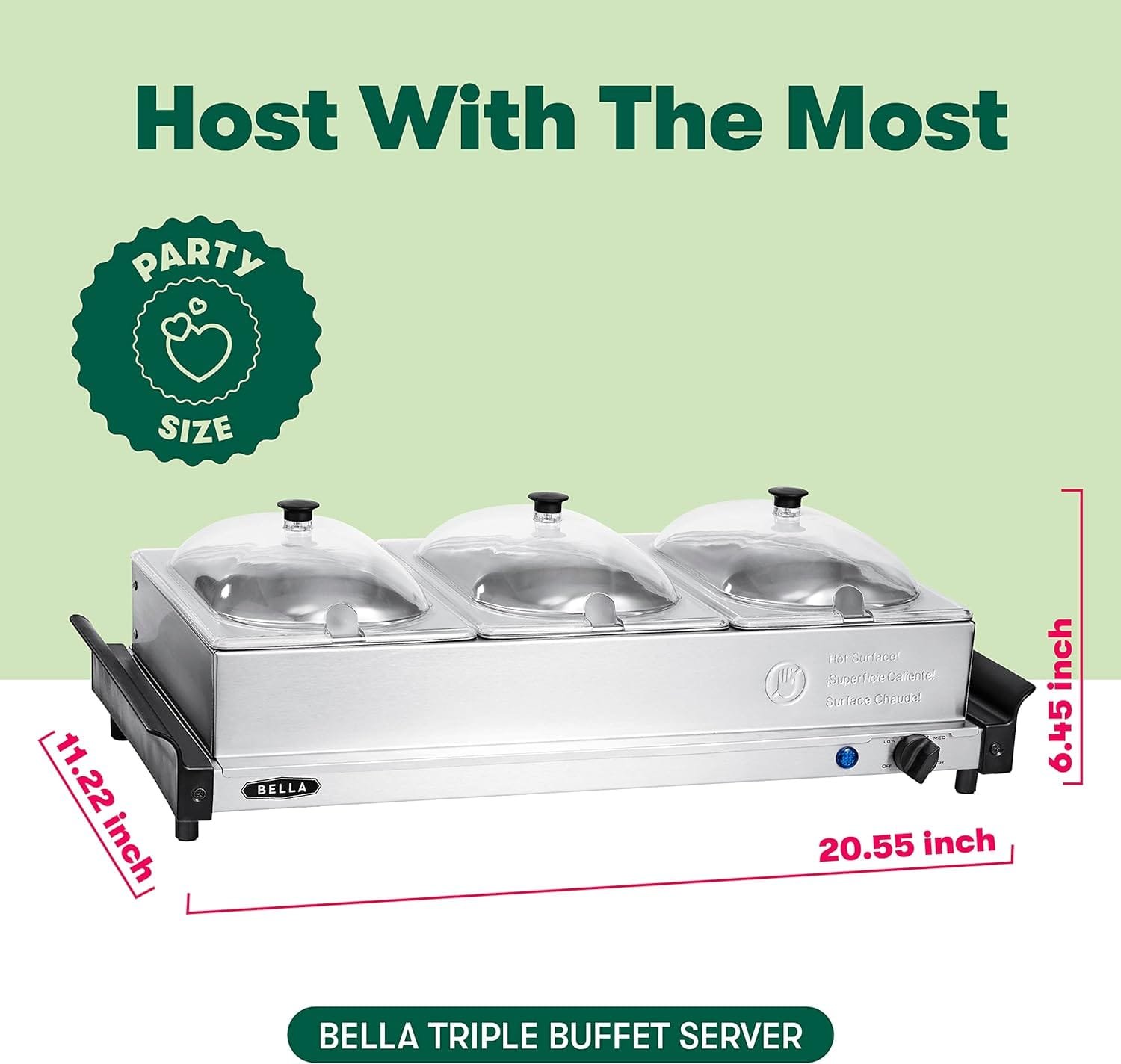 BELLA 3 x 1.5 Quart Triple Electric Buffet Server, Food Warming Tray  Slow Cooker - Brushed Stainless Steel Heated Serving Station for Parties  Catering