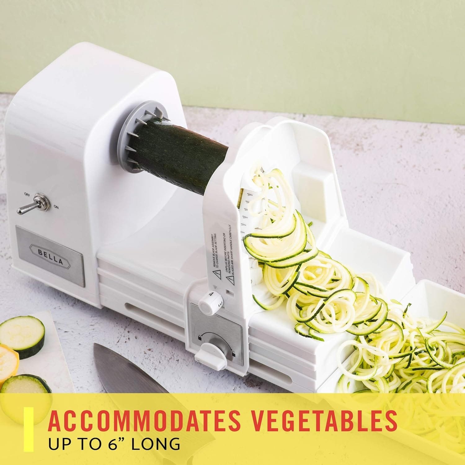 BELLA 4-in-1 Automatic Electric Spiralizer Slicer, Quickly Prep Healthy Veggie or Fruit Spaghetti, Noodles or Ribbons, Easy To Clean, Recipe Book Included, White BELLA 4-in-1 Automatic Electric Spiralizer Slicer, Quickly Prep Healthy Veggie or Fruit Spaghetti, Noodles or Ribbons, Easy To Clean, Recipe Book Included, White