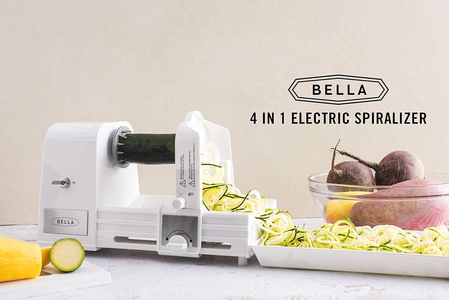 BELLA 4-in-1 Automatic Electric Spiralizer Slicer, Quickly Prep Healthy Veggie or Fruit Spaghetti, Noodles or Ribbons, Easy To Clean, Recipe Book Included, White BELLA 4-in-1 Automatic Electric Spiralizer Slicer, Quickly Prep Healthy Veggie or Fruit Spaghetti, Noodles or Ribbons, Easy To Clean, Recipe Book Included, White