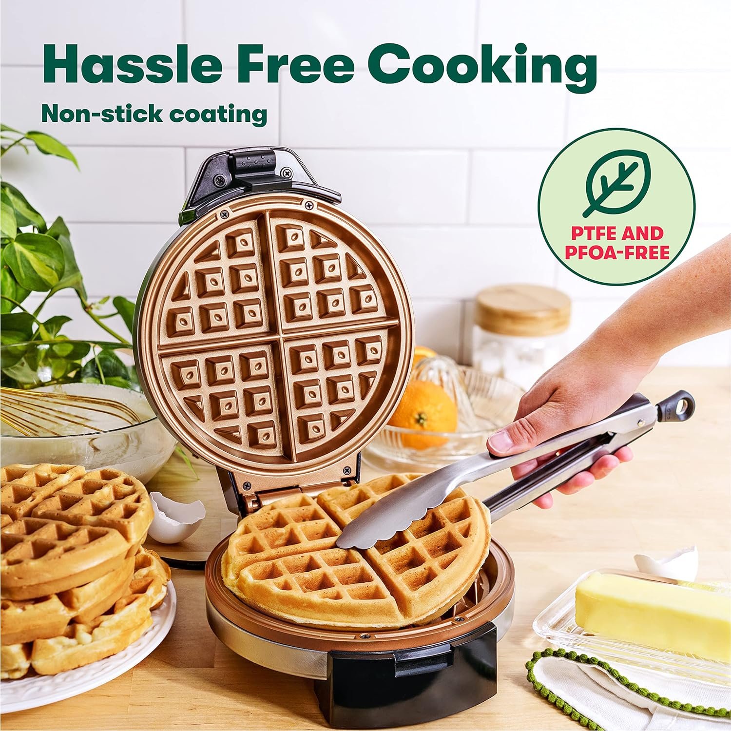 BELLA Classic Belgian Waffle Maker, Nonstick Extra Deep Plates, Browning Control Knob, Locking Latch and Cool Touch Handle, 7 Round, Stainless Steel, Black