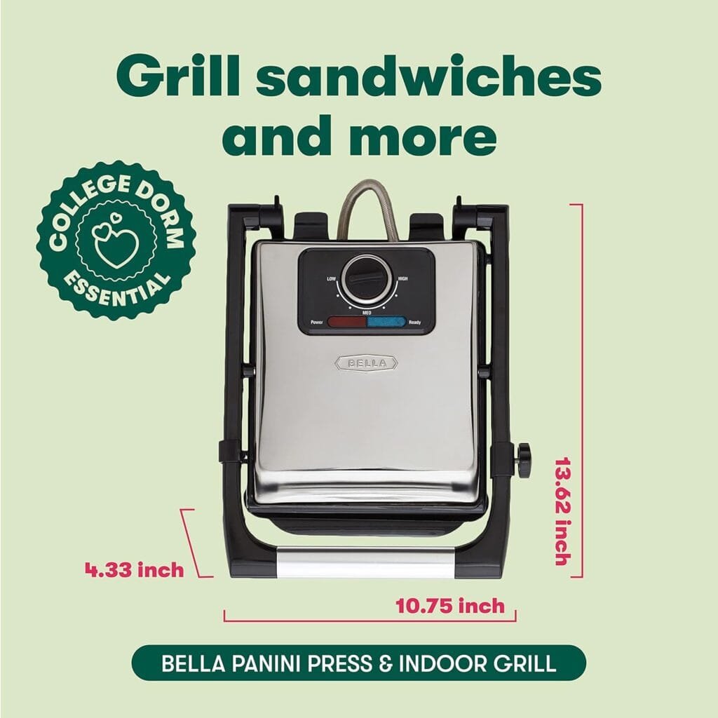 BELLA Panini Press, Sandwich Maker and Electric Indoor Grill with Double Nonstick Plates, Height Adjustable Lid and Removable Drip Tray, Stainless Steel BELLA Panini Press, Sandwich Maker and Electric Indoor Grill with Double Nonstick Plates, Height Adjustable Lid and Removable Drip Tray, Stainless Steel