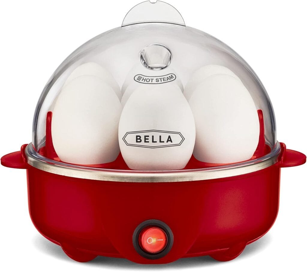 BELLA Rapid Electric Egg Cooker and Poacher with Auto Shut Off for Omelet, Soft, Medium and Hard Boiled Eggs - 7 Egg Capacity Tray, Single Stack, Red BELLA Rapid Electric Egg Cooker and Poacher with Auto Shut Off for Omelet, Soft, Medium and Hard Boiled Eggs - 7 Egg Capacity Tray, Single Stack, Red
