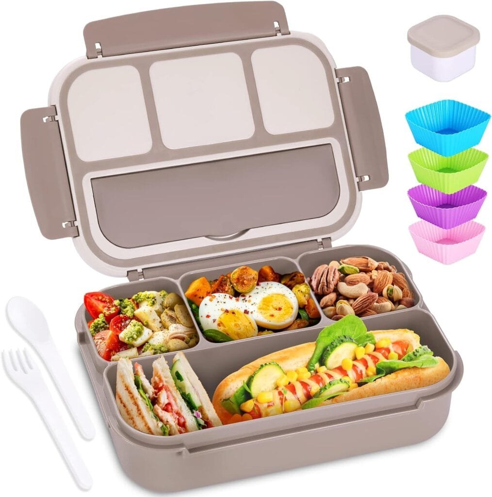 Bento Box Adult Lunch Box, Containers for Adults Men Women with 4 Compartments, Lunchable Food Container with Utensils, Sauce Jar, Muffin Liners, 40 Oz/5 Cup, Microwave  Dishwasher Safe, Brown Bento Box Adult Lunch Box, Containers for Adults Men Women with 4 Compartments, Lunchable Food Container with Utensils, Sauce Jar, Muffin Liners, 40 Oz/5 Cup, Microwave  Dishwasher Safe, Brown