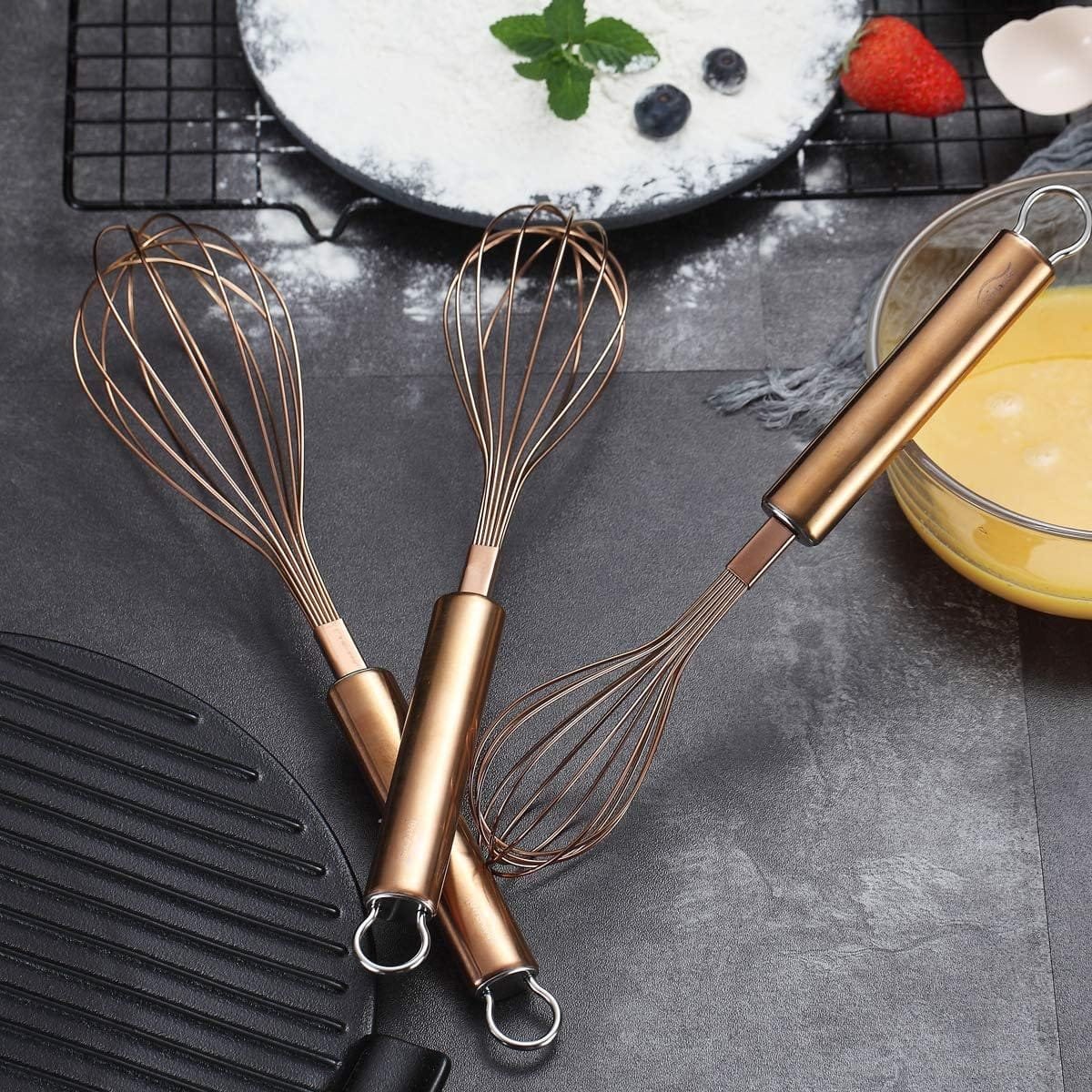 Berglander Gold Whisk Pack of 3 Stainless Steel 8,10,12, Titianium Plating Gold Whisks for Cooking, Beater,Wire Whisk Set Kitchen Wisk (Gold)