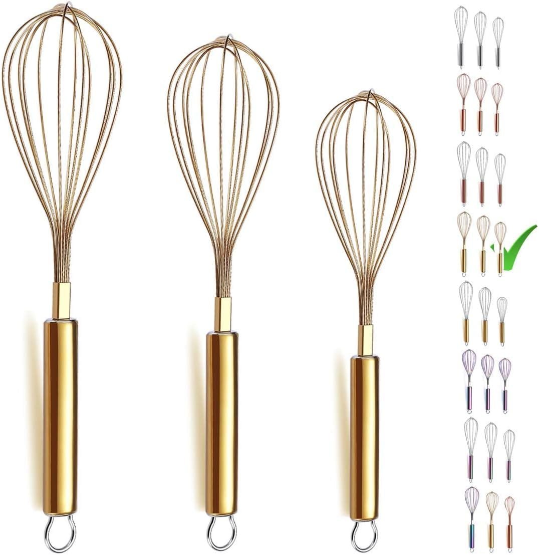 Berglander Gold Whisk Pack of 3 Stainless Steel 8,10,12, Titianium Plating Gold Whisks for Cooking, Beater,Wire Whisk Set Kitchen Wisk (Gold)