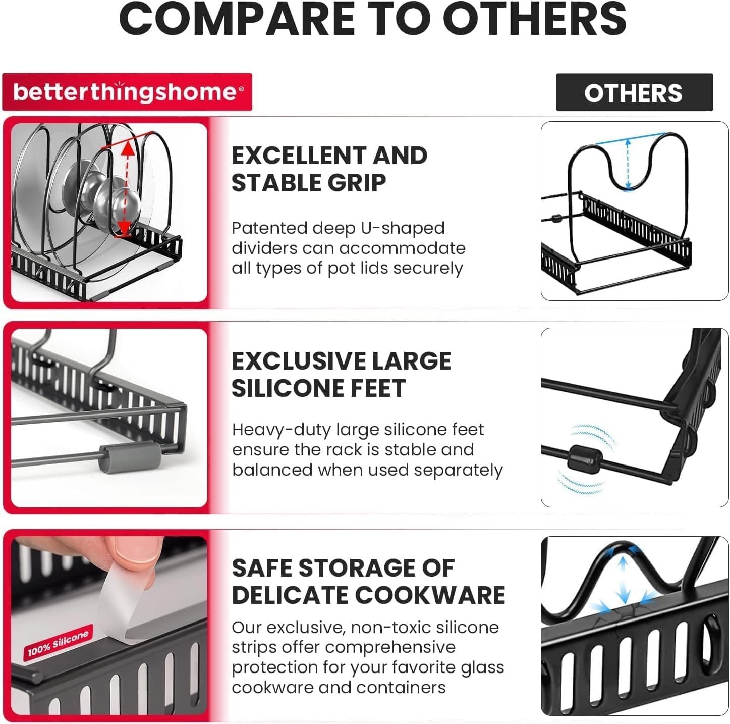 Better Things Home 12+ Expandable Pot and Pan Organizer Rack for Cabinet, Anti-scratch, Pot Lid Holder Pot Organizers Inside Cabinet, Pots and Pans Organizer Under Cabinet (DARK GREY)
