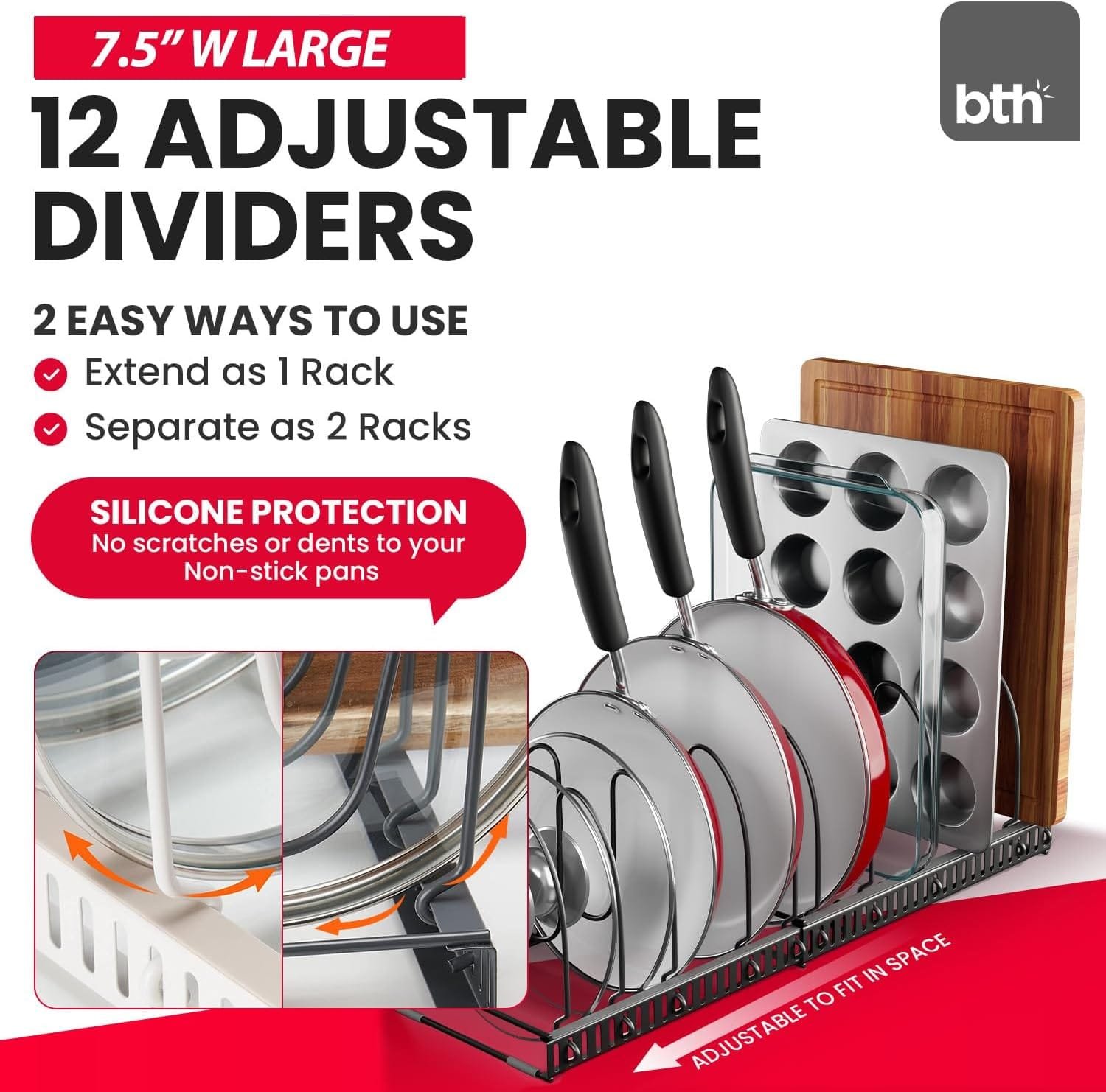 Better Things Home 12+ Expandable Pot and Pan Organizer Rack for Cabinet, Anti-scratch, Pot Lid Holder Pot Organizers Inside Cabinet, Pots and Pans Organizer Under Cabinet (DARK GREY)