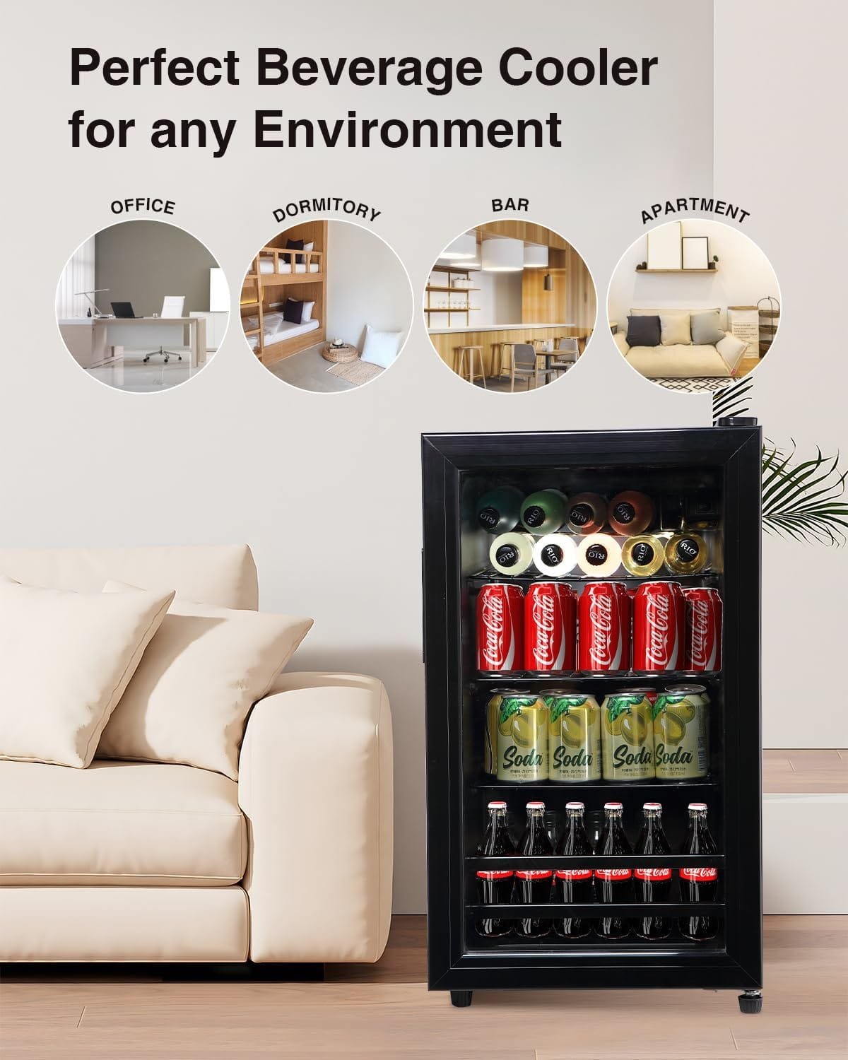 Beverage Refrigerator Cooler 120 Can Freestanding Beverage Cooler with Glass Door, Adjustable Shelves for Beer Soda or Wine for Home Office or Bar