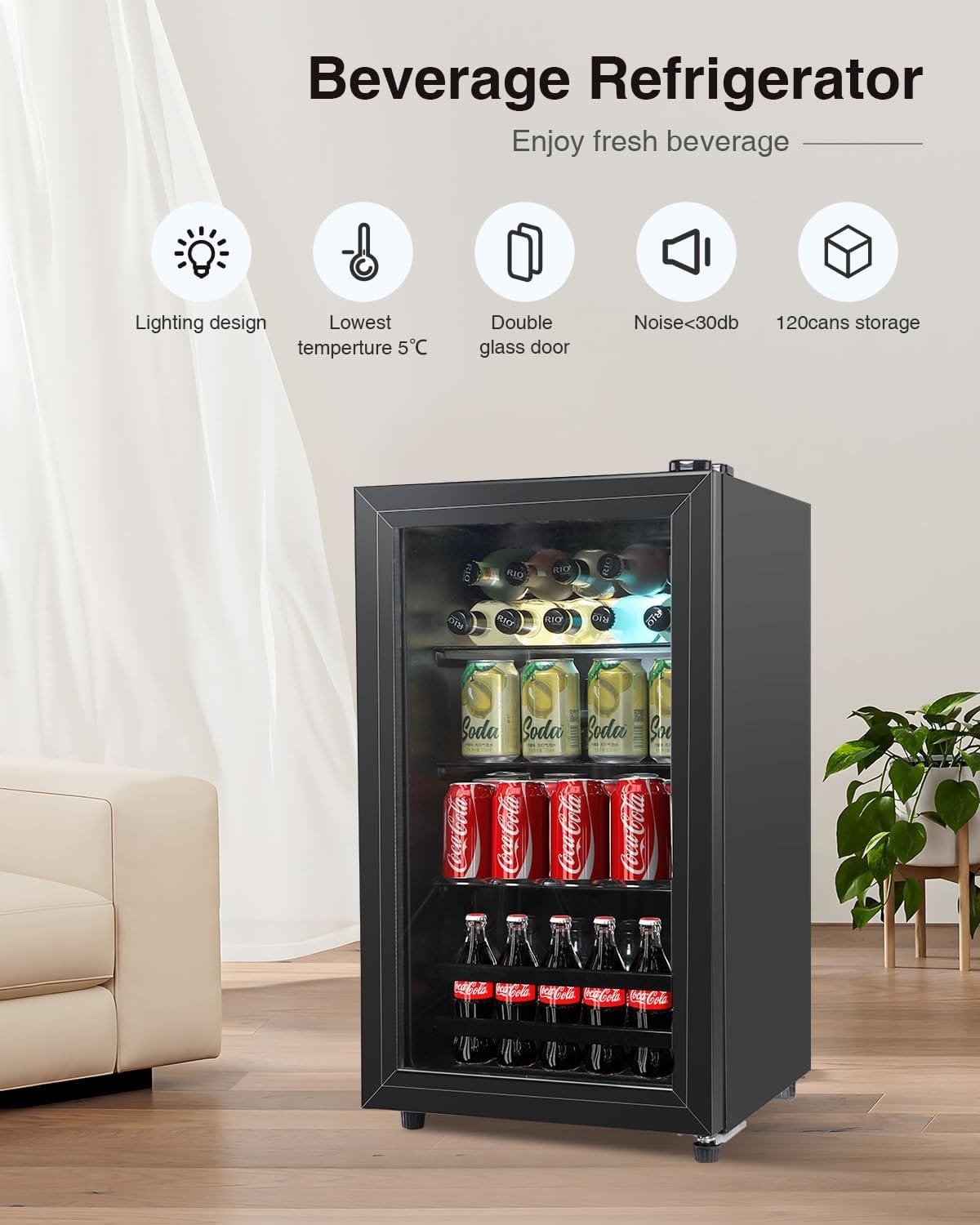 Beverage Refrigerator Cooler 120 Can Freestanding Beverage Cooler with Glass Door, Adjustable Shelves for Beer Soda or Wine for Home Office or Bar