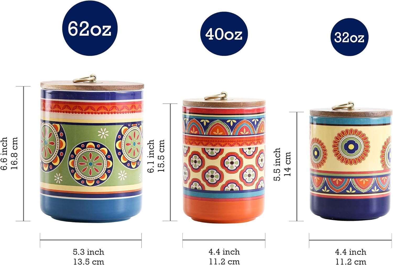 Bico Tunisian Ceramic Canister Set of 3 for Kitchen Counter, 62oz, 40oz, 32oz each, with Wooden Air Tight Lid, Food Storage Jar for storing Coffee, Tea, Spice, Dishwasher Safe