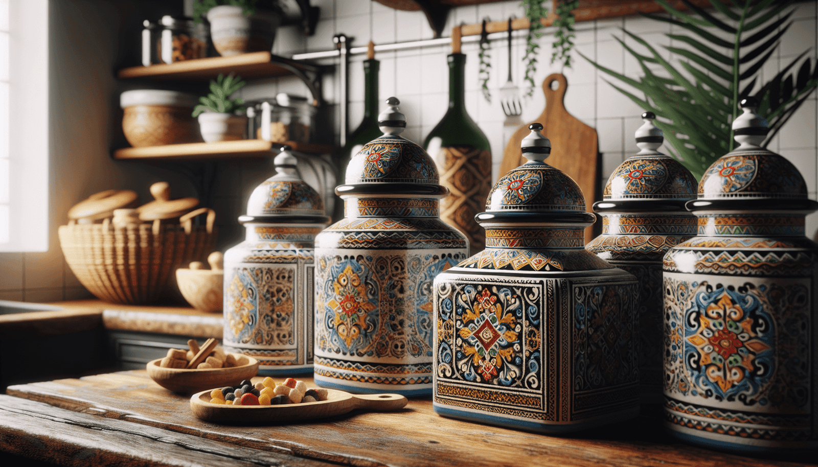 Bico Tunisian Ceramic Canister Set of 3 for Kitchen Counter, 62oz, 40oz, 32oz each, with Wooden Air Tight Lid, Food Storage Jar for storing Coffee, Tea, Spice, Dishwasher Safe