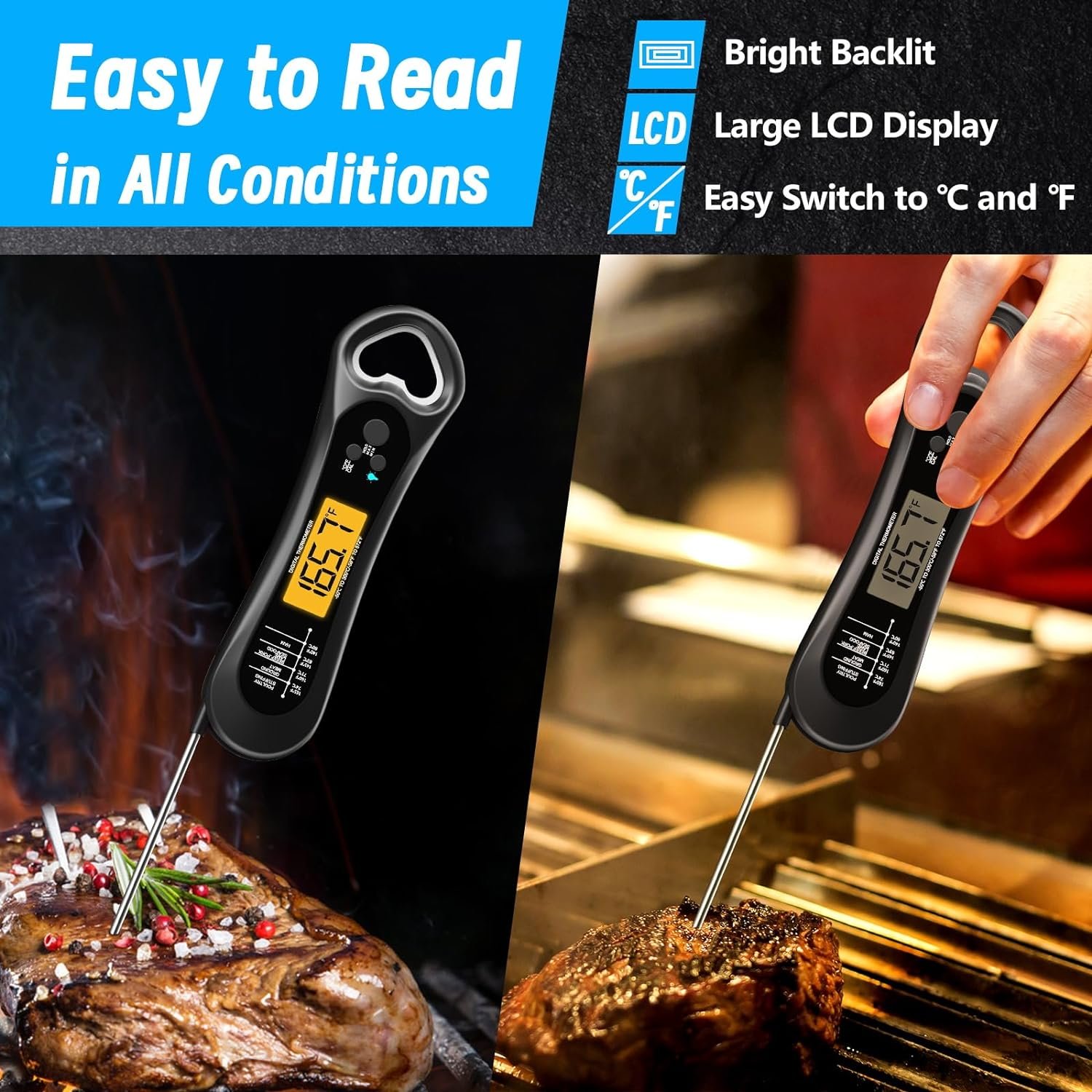 Biison Meat Thermometer for Grilling, Digital Instant Read Food Thermometer with Bottle Cap Opener, Kitchen Gadgets with Backlight  Calibration for Candy, BBQ, Grill,Liquids, Beef, Turkey