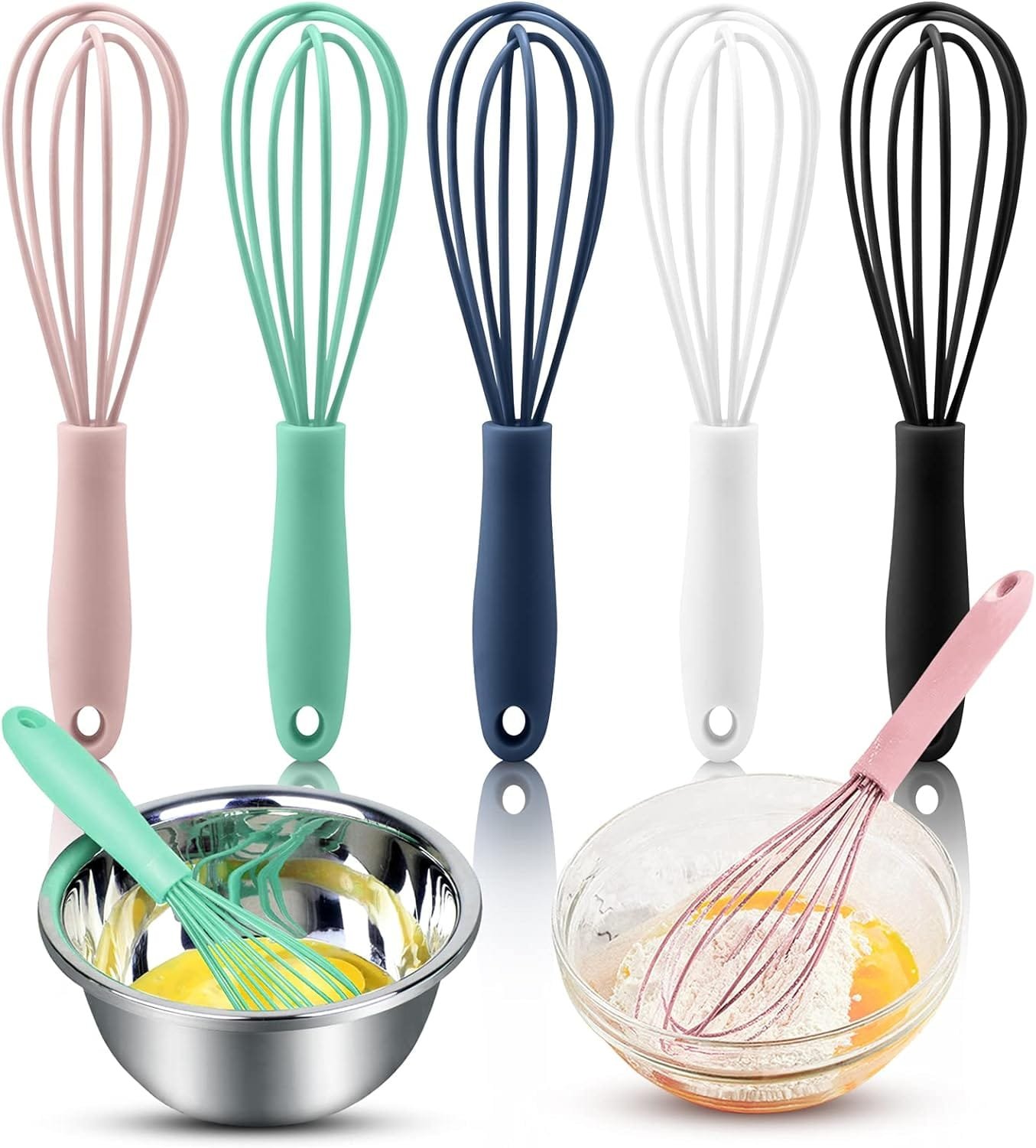 BILLIOTEAM 5 Pack Colorful Mini Silicone Kitchen Whisks,Mini Kitchen Whisk for Dough Milk Egg Blending Stirring Whisking and Beating,Hair Color,Small Craft Projects(5 Colors,6 Inches)