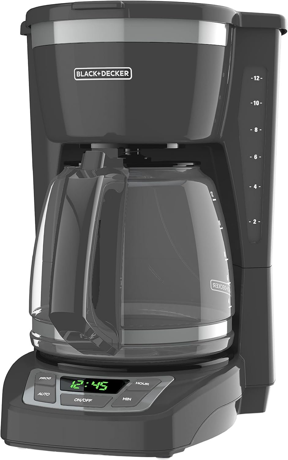 BLACK+DECKER 12-Cup Digital Coffee Maker, CM1165GY, Programmable, Washable Basket Filter, Sneak-A-Cup, Auto Brew, Water Window, Keep Hot Plate, Grey