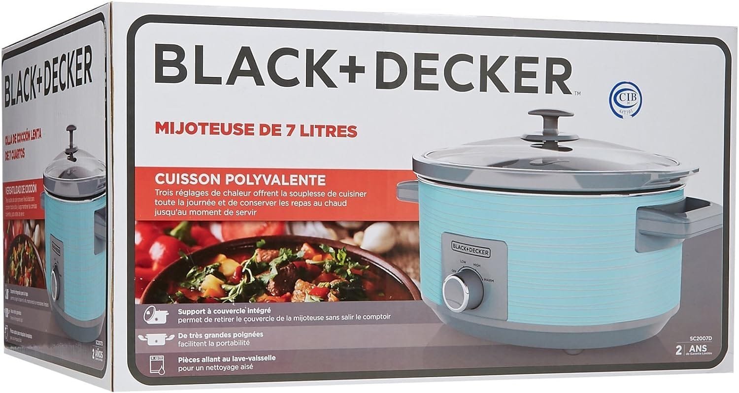 BLACK+DECKER 7-Quart Slow Cooker, SC2007D, Lid Holder, 3 Heat Settings, Extra Large Handles, Dishwasher Safe, Teal