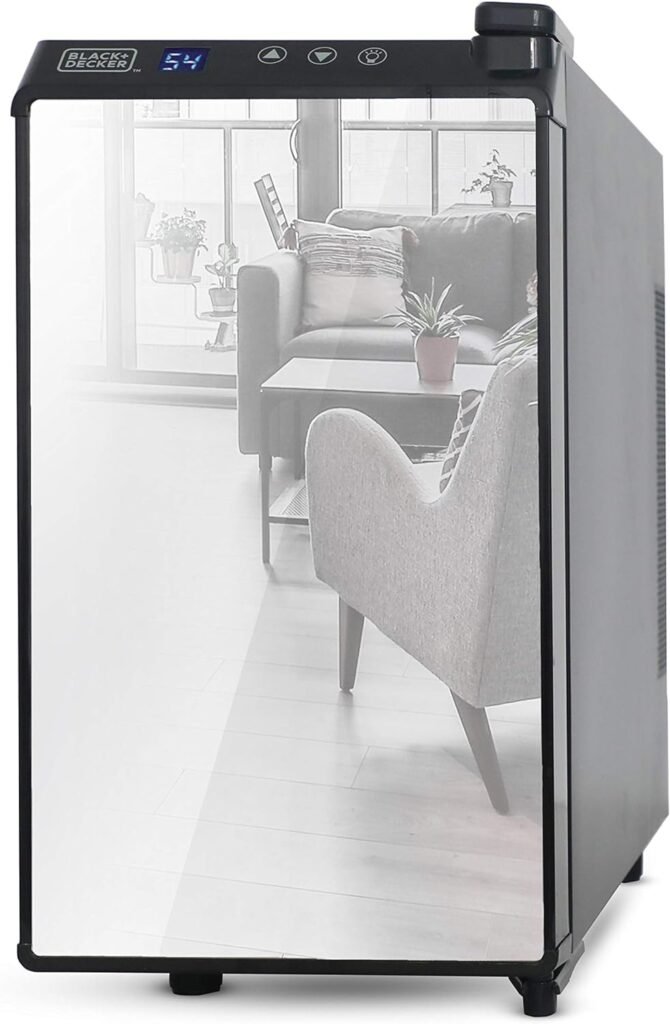 BLACK+DECKER Thermoelectric Wine Cooler Refrigerator with Mirrored Front, Freestanding 12 Bottle Wine Fridge, BD60336