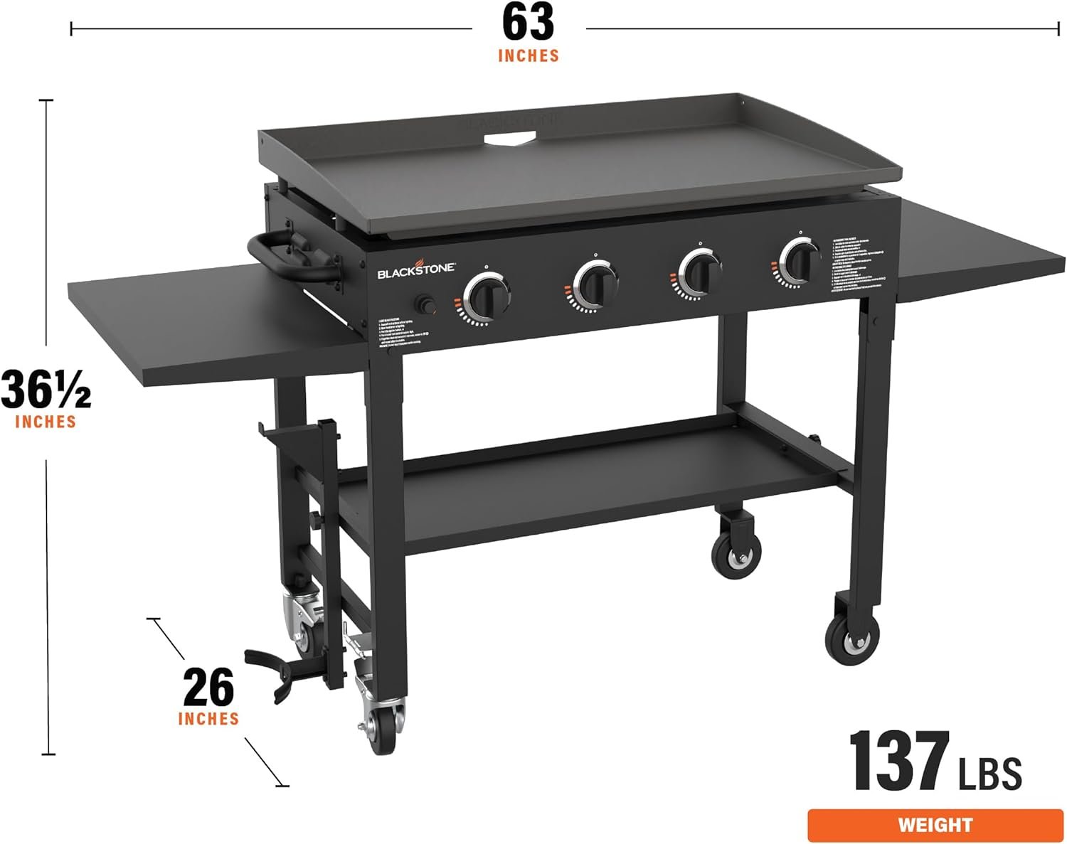 Blackstone 36 Inch Gas Griddle Cooking Station 4 Burner Flat Top Gas Grill Propane Fuelled Restaurant Grade Professional 36” Outdoor Griddle Station with Side Shelf (1554)