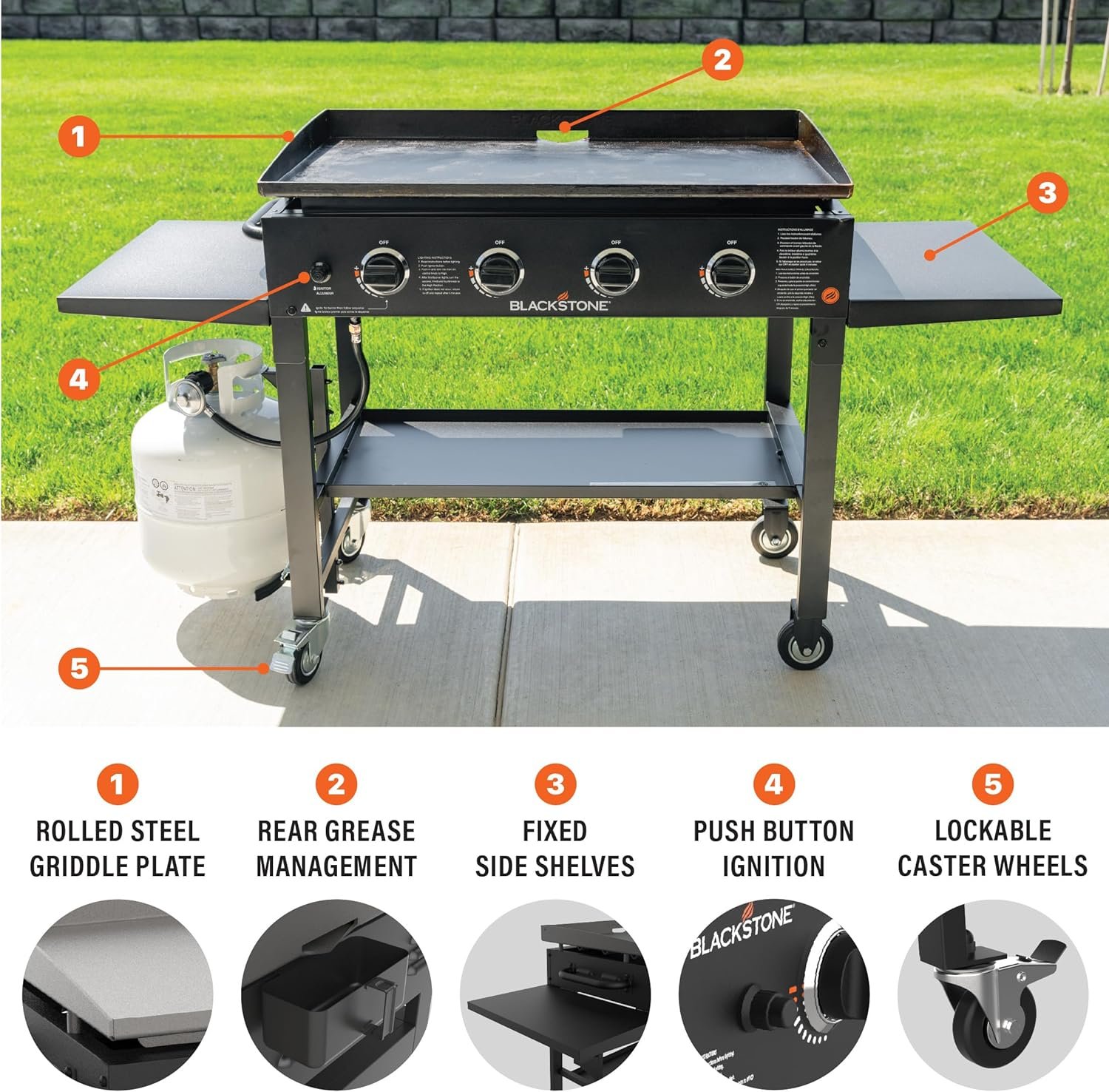 Blackstone 36 Inch Gas Griddle Cooking Station 4 Burner Flat Top Gas Grill Propane Fuelled Restaurant Grade Professional 36” Outdoor Griddle Station with Side Shelf (1554)