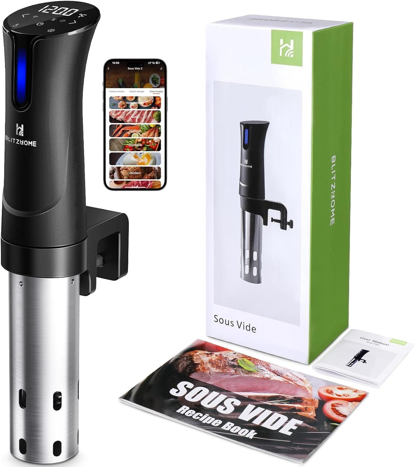 BLITZHOME Sous Vide Cooker, WiFi 1100W Sous Vide Machine with APP Recipes, Accurate Temperature  Timer, Stainless Ultra Quiet Precision Immersion Circulator Gift for Chefs