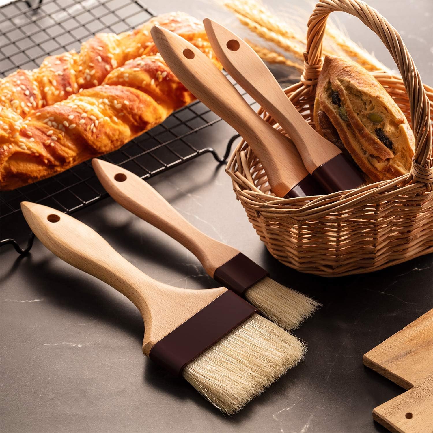 Boao 4 Pieces Pastry Brushes Baking Basting Brush with Natural Bristle BBQ Oil Brush Wooden Handle Food Brush for Cooking Butter Egg Kitchen Brush Culinary Utensil (1 Inch, 2 Inch, 3 Inch)