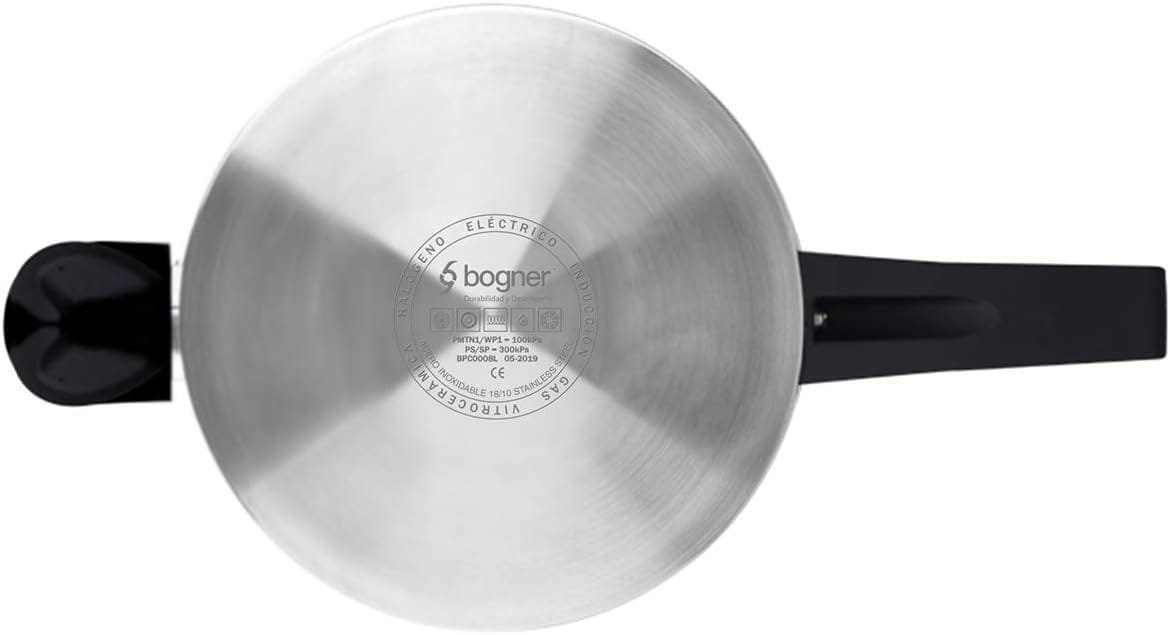 Bogner - Stainless Steel Pressure Cooker. 4 Safety Security System Valve and Clip Closure, 8.4 quartz Capacity, Compatible with all types of stoves