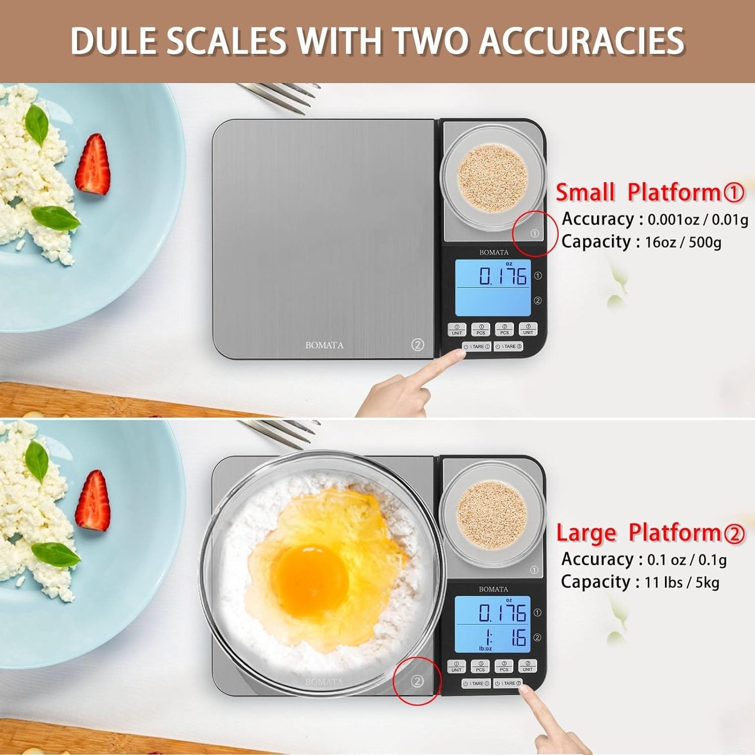 BOMATA Dual Platform Digital Kitchen Scale with Two Precision 0.1g  0.01g/0.001oz, Max Capacity 11lb/5kg,Tare Function, Units Conversions, Stainless Steel, LCD with Backlit