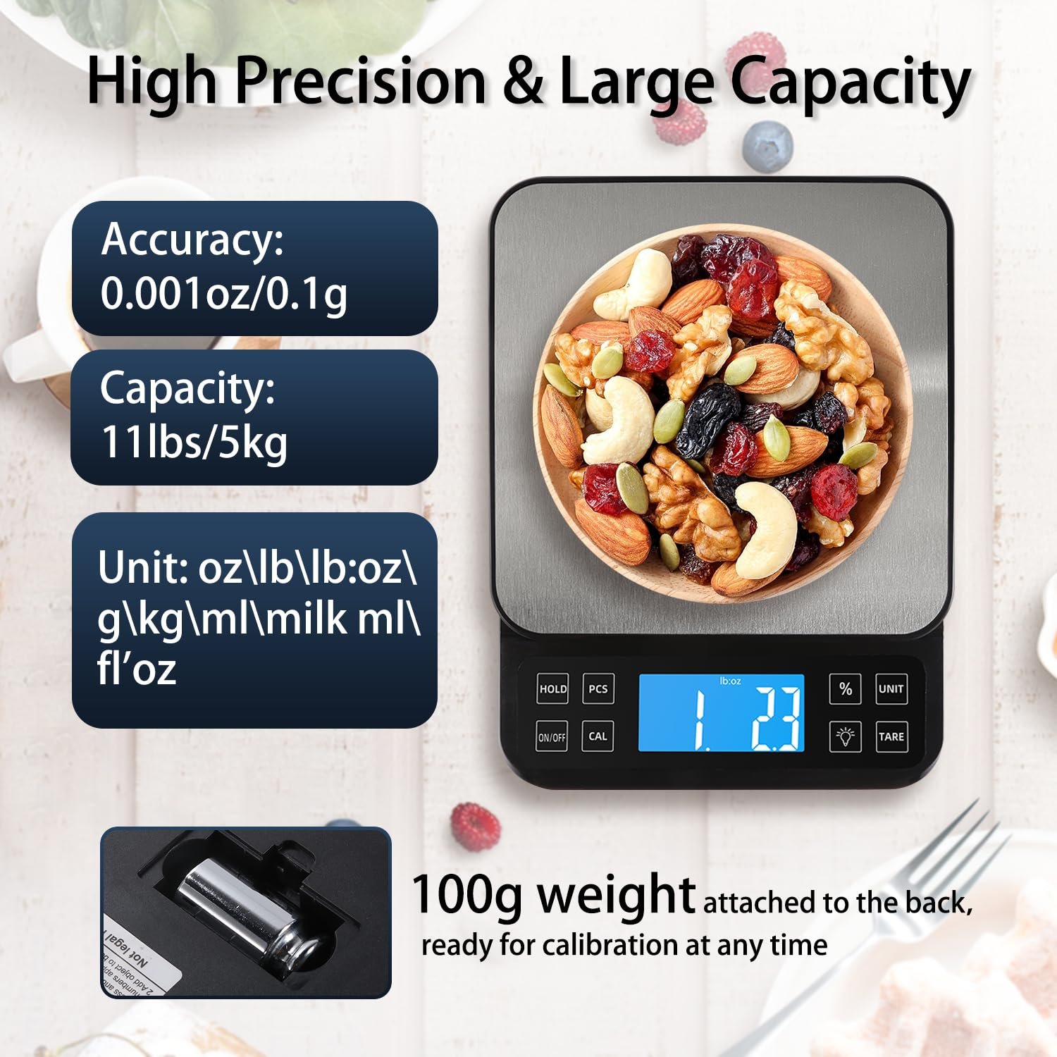 BOMATA Large Kitchen Scale with 0.1g/0.001oz High Precision, Bakery Scale with% Percentage Function, Capacity 5kg/11lbs, USB Rechargeable, Full-View Angle LCD with Backlight, Stainless Steel Pan