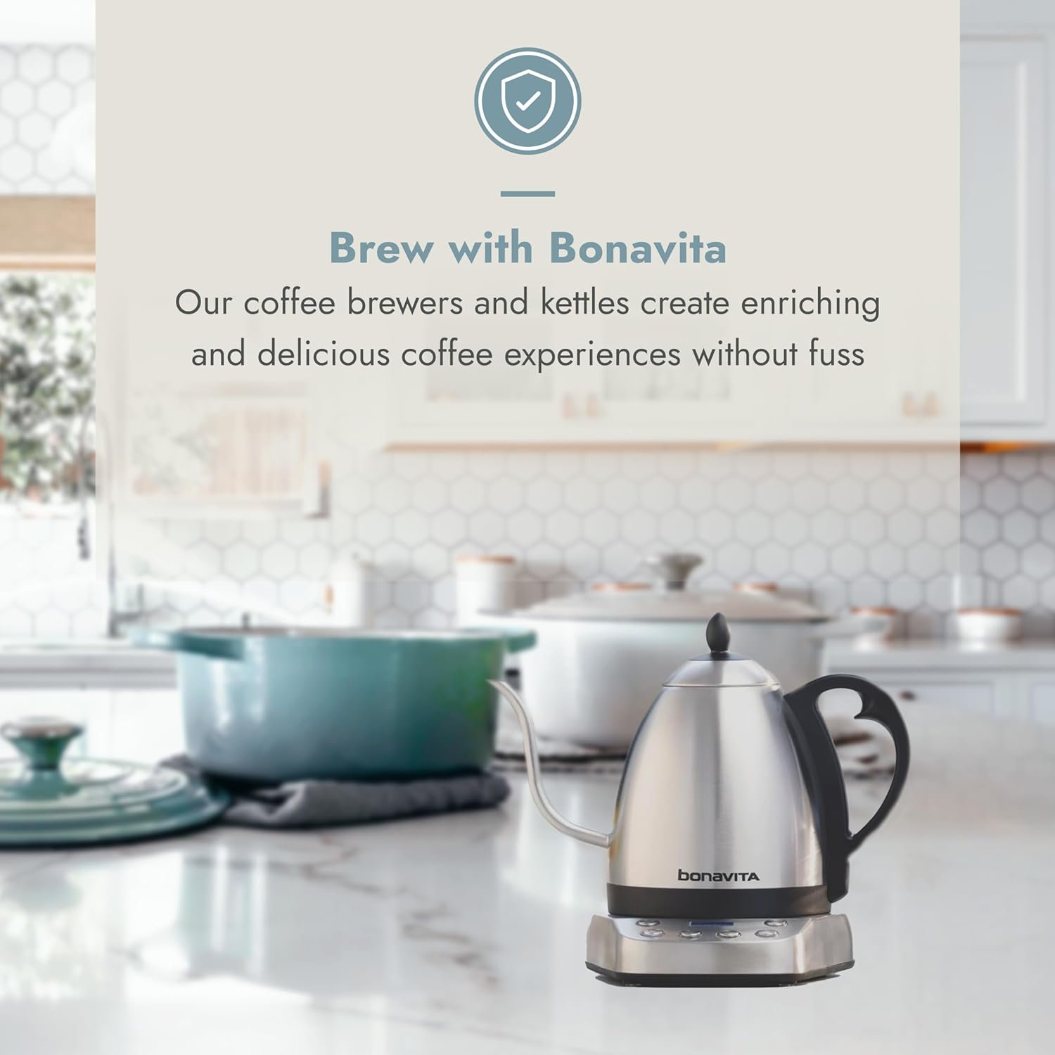 Bonavita 1L Digital Variable Temperature Gooseneck Electric Kettle for Coffee Brew and Tea Precise Pour Control, 6 Preset Temps, Café or Home Use, 1000 Watt, Stainless Steel