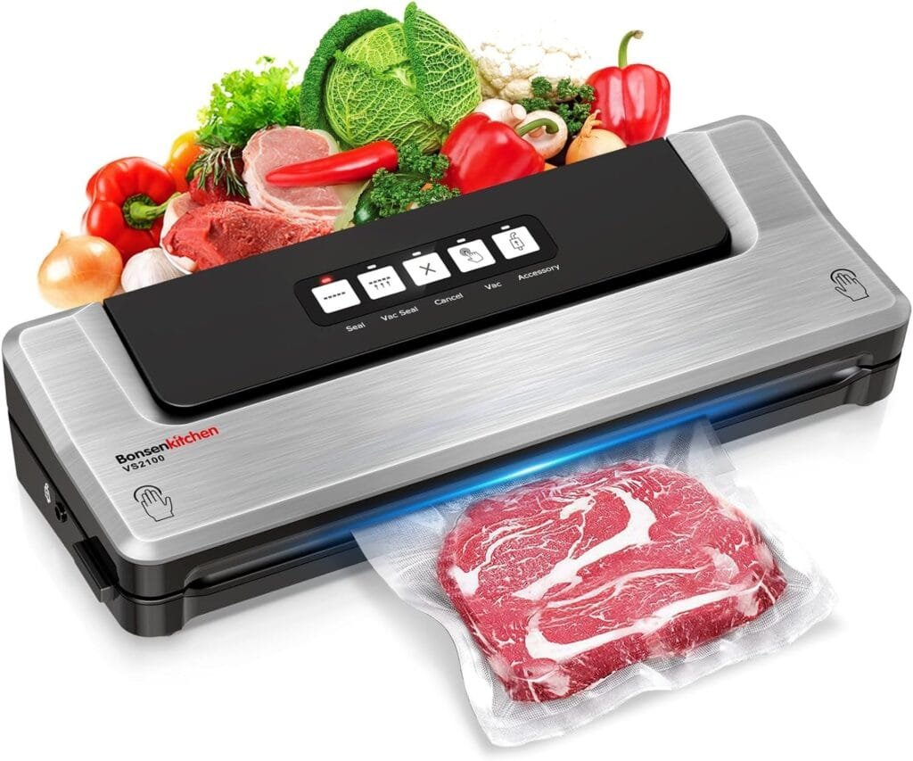 Bonsenkitchen Dry Vacuum Sealer Machine with 5-in-1 Easy Options for Sous Vide and Food Storage, Air Sealer Machine with 5 Vacuum Seal Bags  1 Air Suction Hose, Silver