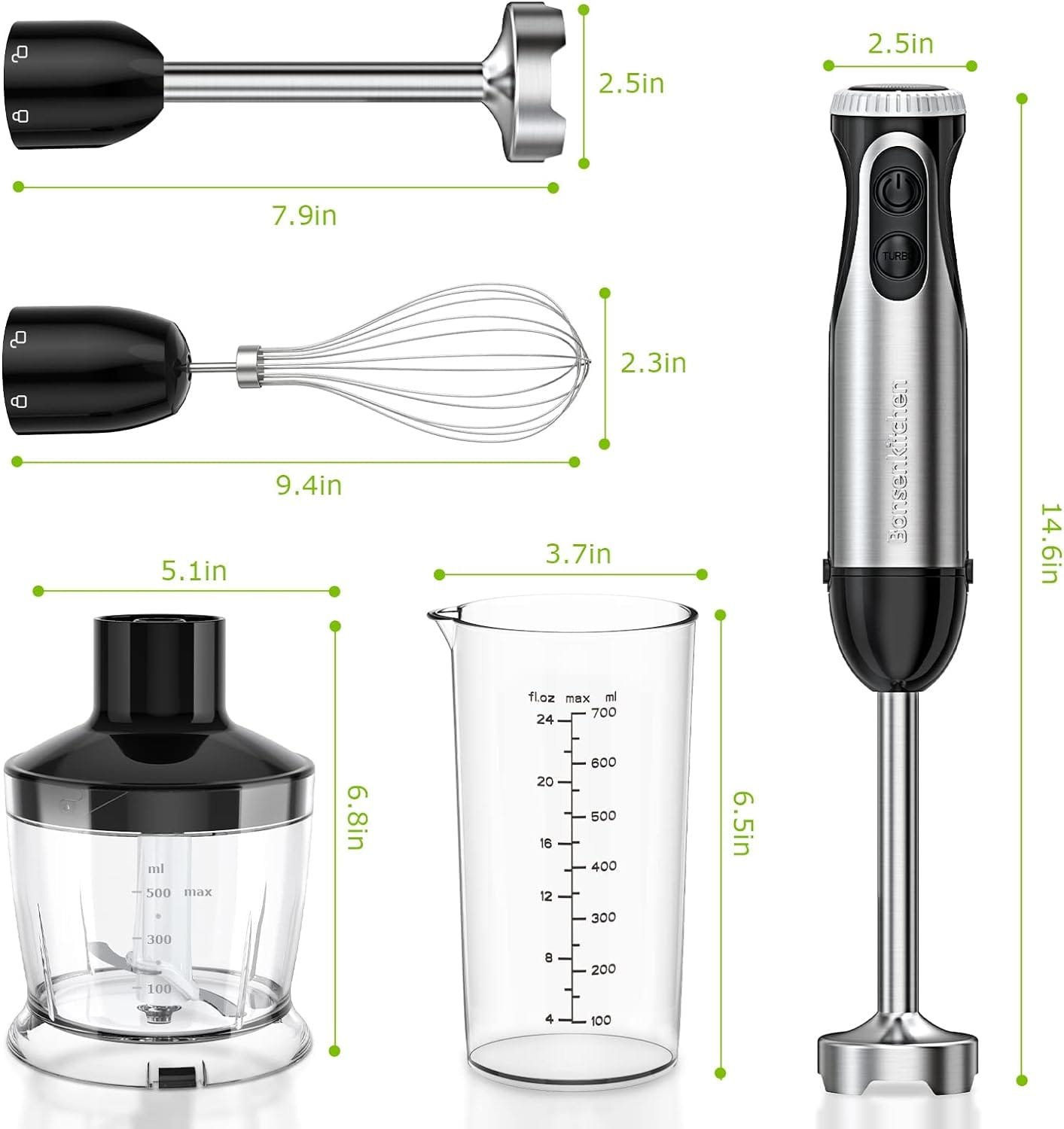 Bonsenkitchen Immersion Blender, 20 Variable Speeds  Turbo, 4-In-1 Stainless Steel Handheld Blender Stick Mixer with Egg Whisk, Beaker  Chopper Bowl