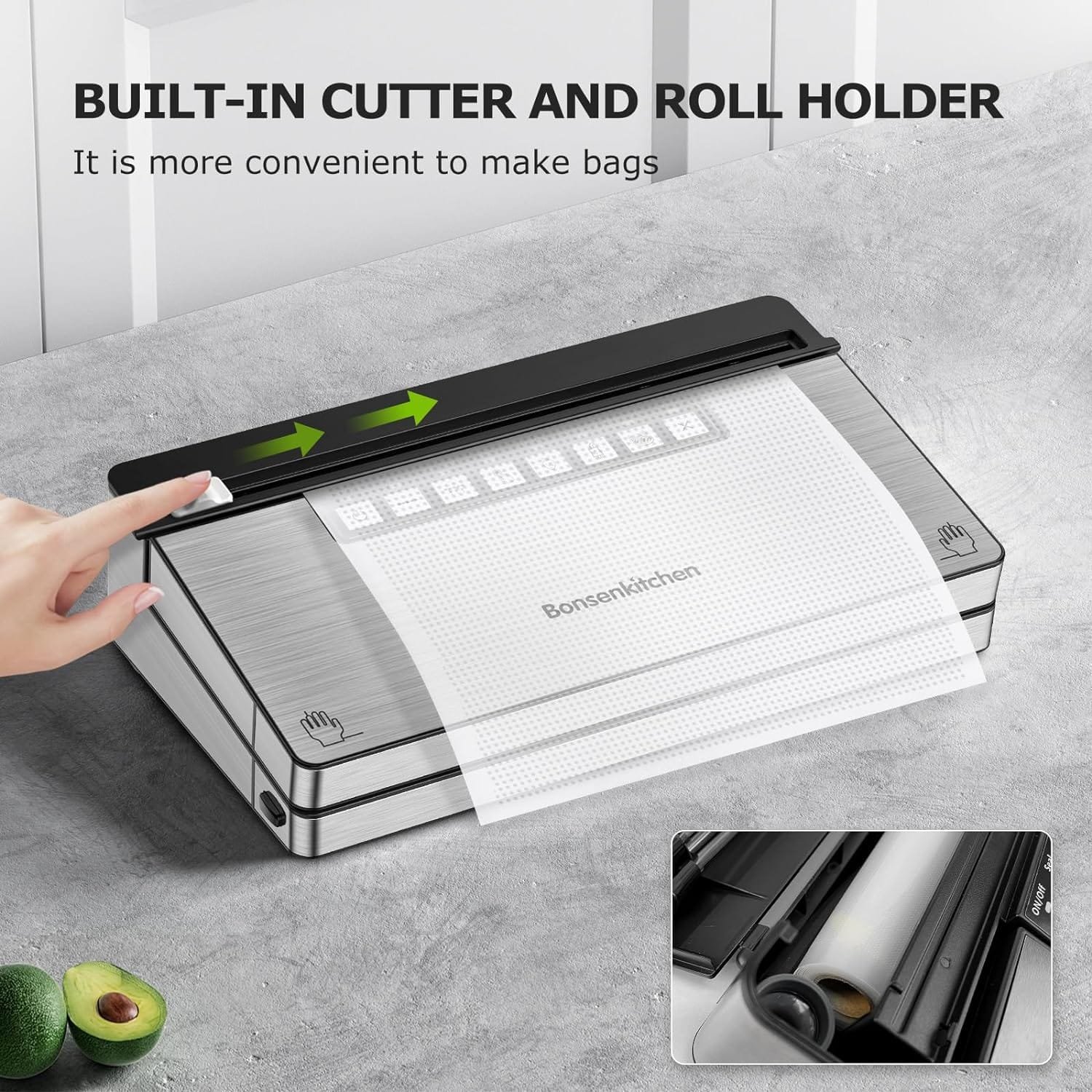 Bonsenkitchen Vacuum Sealer Machine, Stainless Steel Vacuum Food Sealer with 8-in-1 Vacuum Sealing System, 6 Food Vacuum Modes, Built-in Cutter and Bag