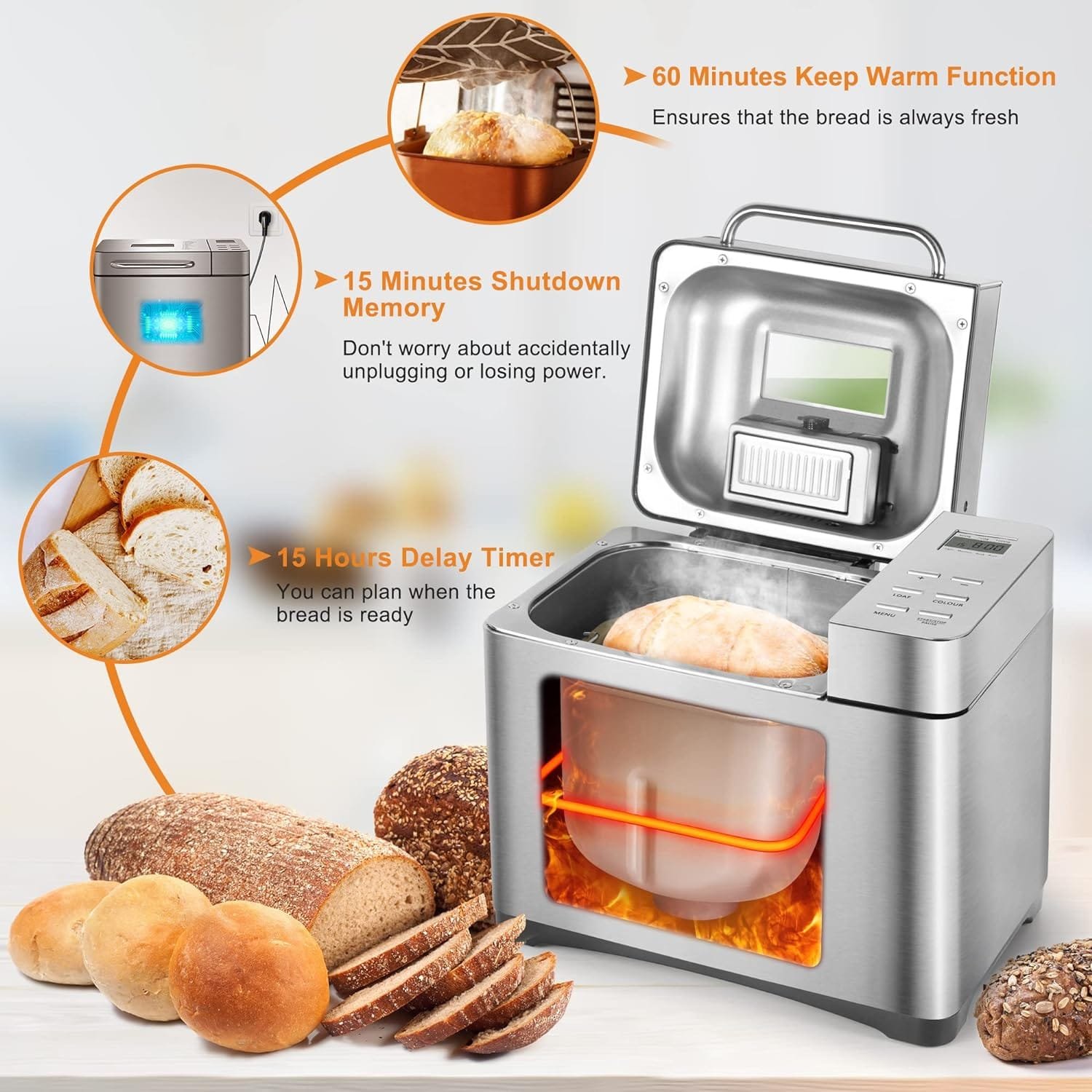 Bread Maker Machines, 19 in 1 Stainless Steel Breadmaker with Automatic Dispenser, 2.2LB Large Bread Machine, Nonstick Ceramic Pan, LCD Touch Panel, Gluten Free, Dough Maker, Jam, Yogurt by KITCANIS