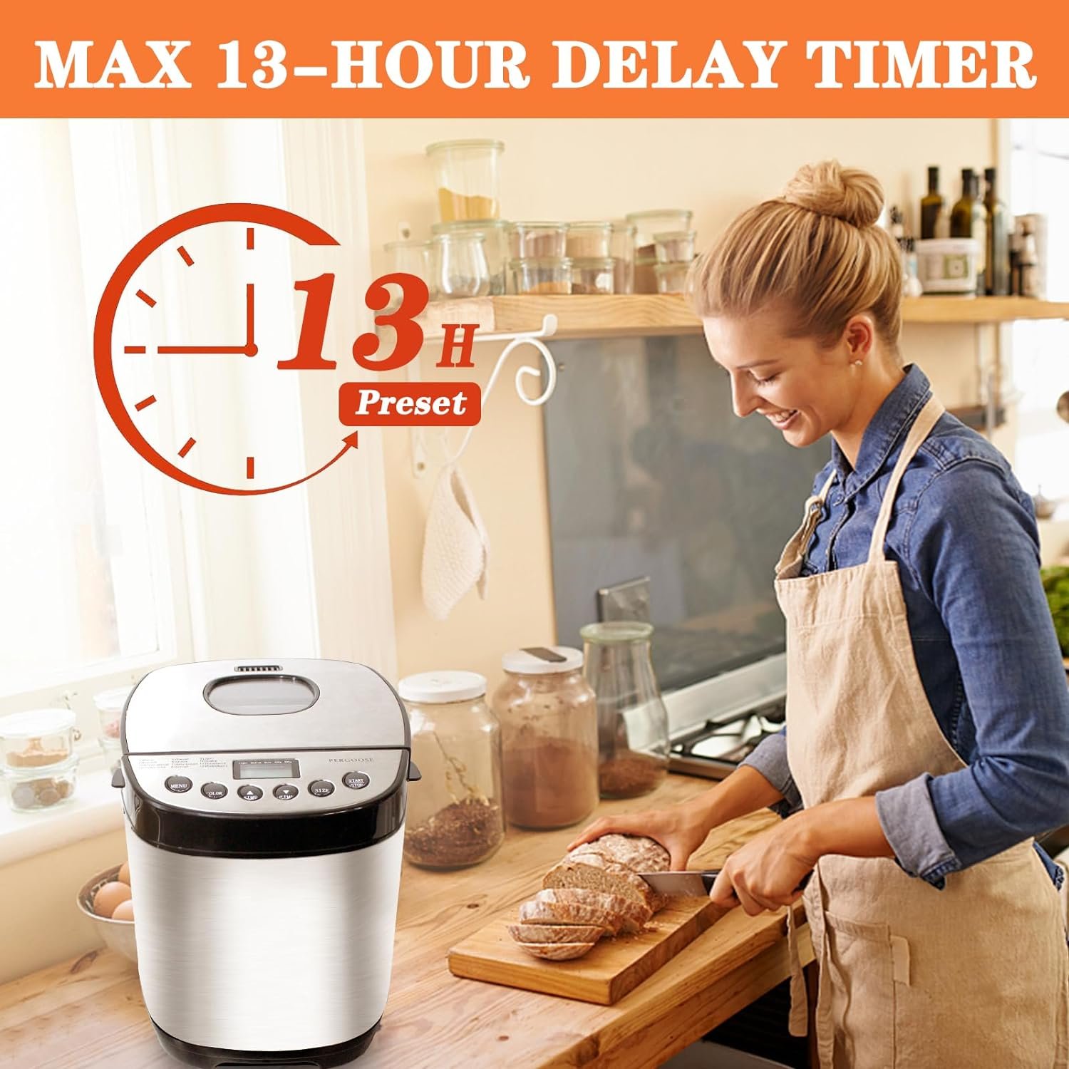 Bread Maker,Multifunctional Stainless Steel Horizontal Bread Machine 1-2Lb Automatic Breadmaker for Bread, Jam,Yogurt,Cake with 12 Recipes Digital Bread 3 Loaf Size Maker Kitchen Helper