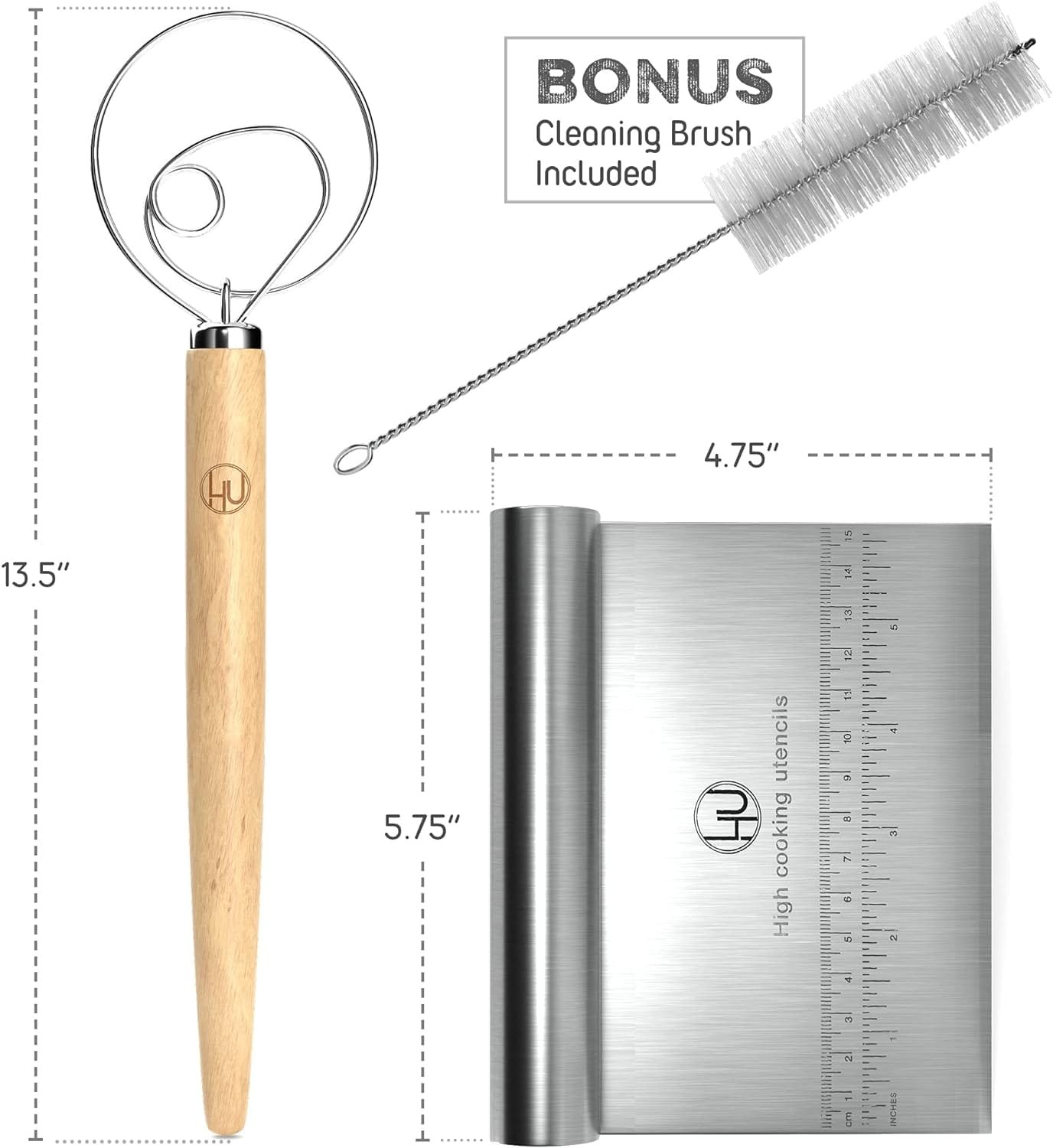 Bread Making Tools and Supplies - Set of 2 - Danish Dough Whisk and Bench Scraper - Dough Hook with Bread Scraper - Easy to Clean - Great for Baking Homemade Sourdough, Pizza, Pastry, Cookies by LHU Bread Making Tools and Supplies - Set of 2 - Danish Dough Whisk and Bench Scraper - Dough Hook with Bread Scraper - Easy to Clean - Great for Baking Homemade Sourdough, Pizza, Pastry, Cookies by LHU