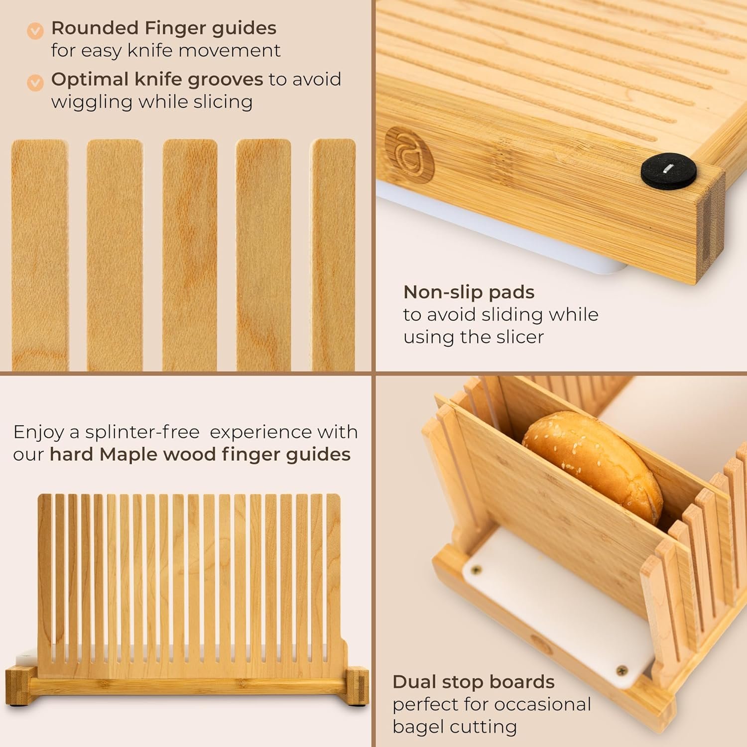 Bread Slicer for Homemade Bread - No Splinters with HDPE Base and Maple Fingers – 4 Different Thicknesses for Uniform and Consistent Slices - Foldable Bread Slicing Guide with Optimal Knife Grooves