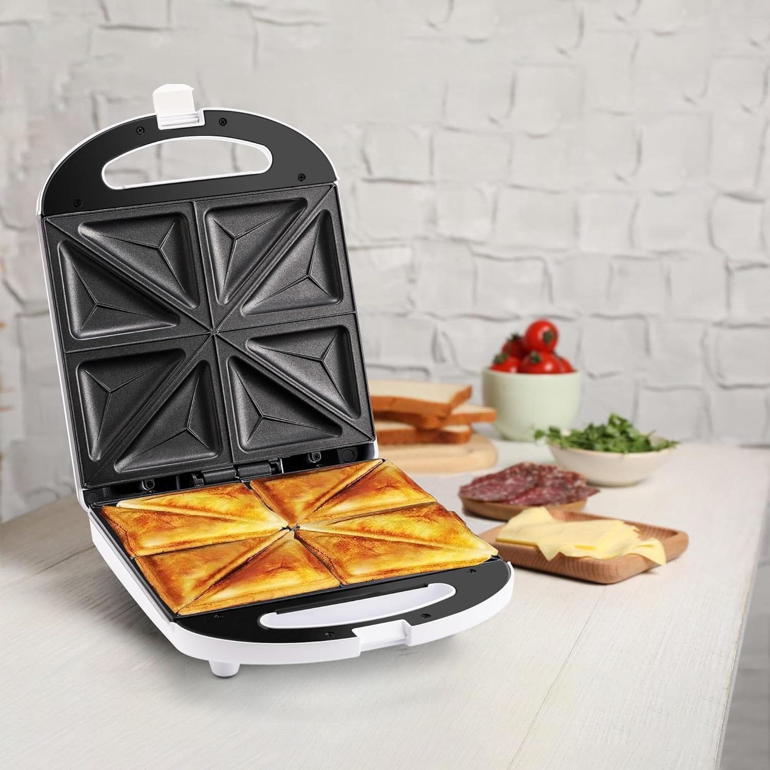 Breakfast Sandwich Maker, 4-Slice Sandwich Press with Non-Stick Plates,Grilled Cheese Maker, Indicator Lights, Cool Touch Handle, Easy to Clean and Store, White Breakfast Sandwich Maker, 4-Slice Sandwich Press with Non-Stick Plates,Grilled Cheese Maker, Indicator Lights, Cool Touch Handle, Easy to Clean and Store, White