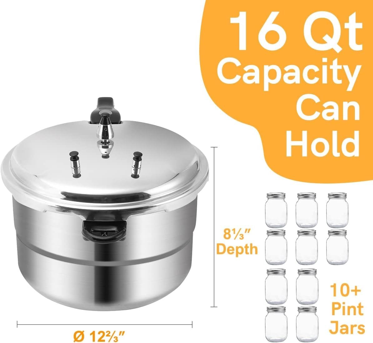 BreeRainz 16 Quart Pressure Cooker, 10 Psi Induction Compatible Pressure Canner w/Triple Valves  Auto Lock System, Steamer Rack Included